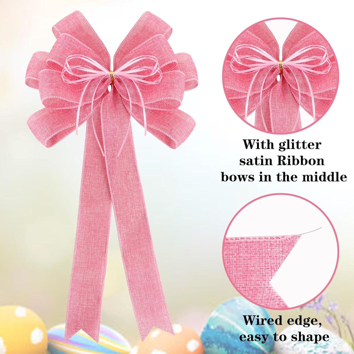 2PCS Large Pink Burlap Wreath Bows – 12x20in with Glitter String for Home & Easter Decor