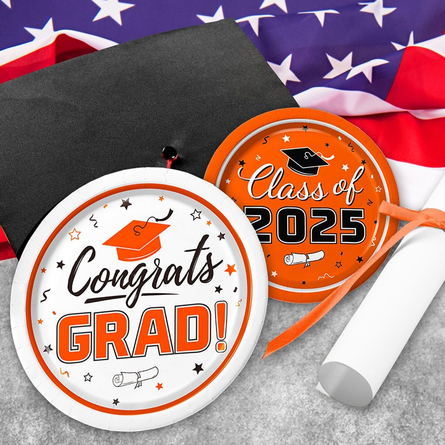 Graduation Party Supplies Kit Serves 50 - Graduation Party Orange Class of 2025 Tableware, Disposable Dinner Plates, Dessert Plates, and Napkins for Congrats Grad Party Decorations