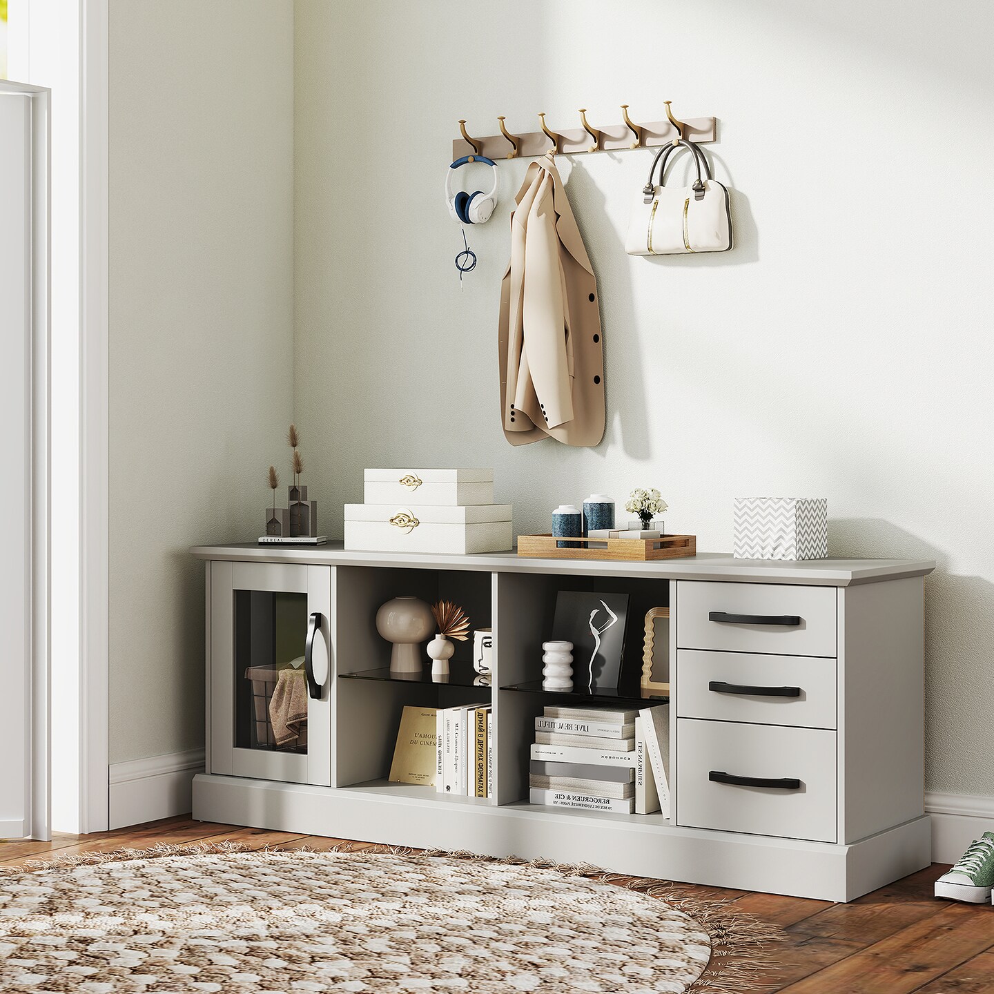 63 Inches Entertainment Center with 3 Storage Drawers and Removable Glass Shelves