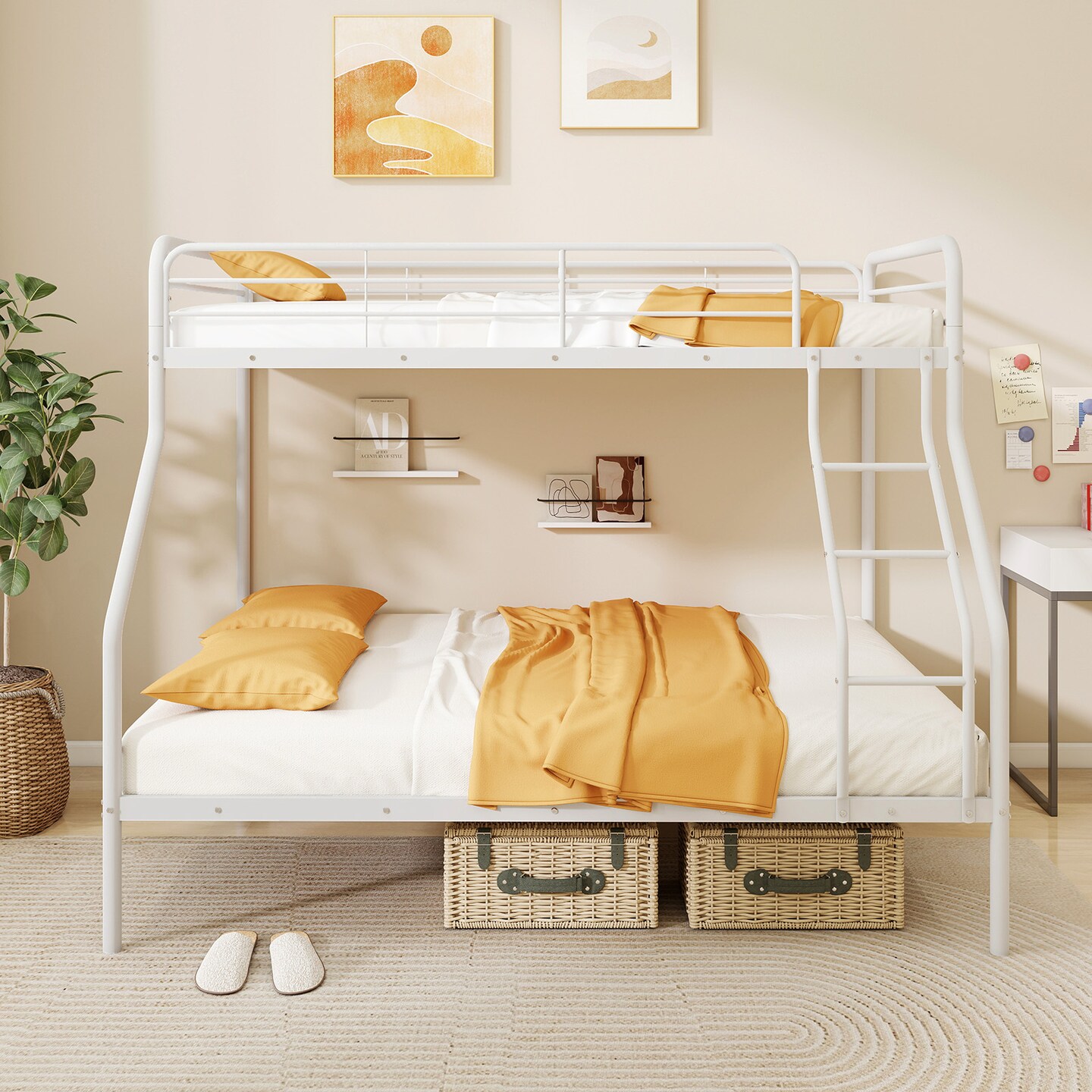 Twin Over Full Metal Bunk Bed with Guardrails, Ladder, Storage Space and Sturdy Construction