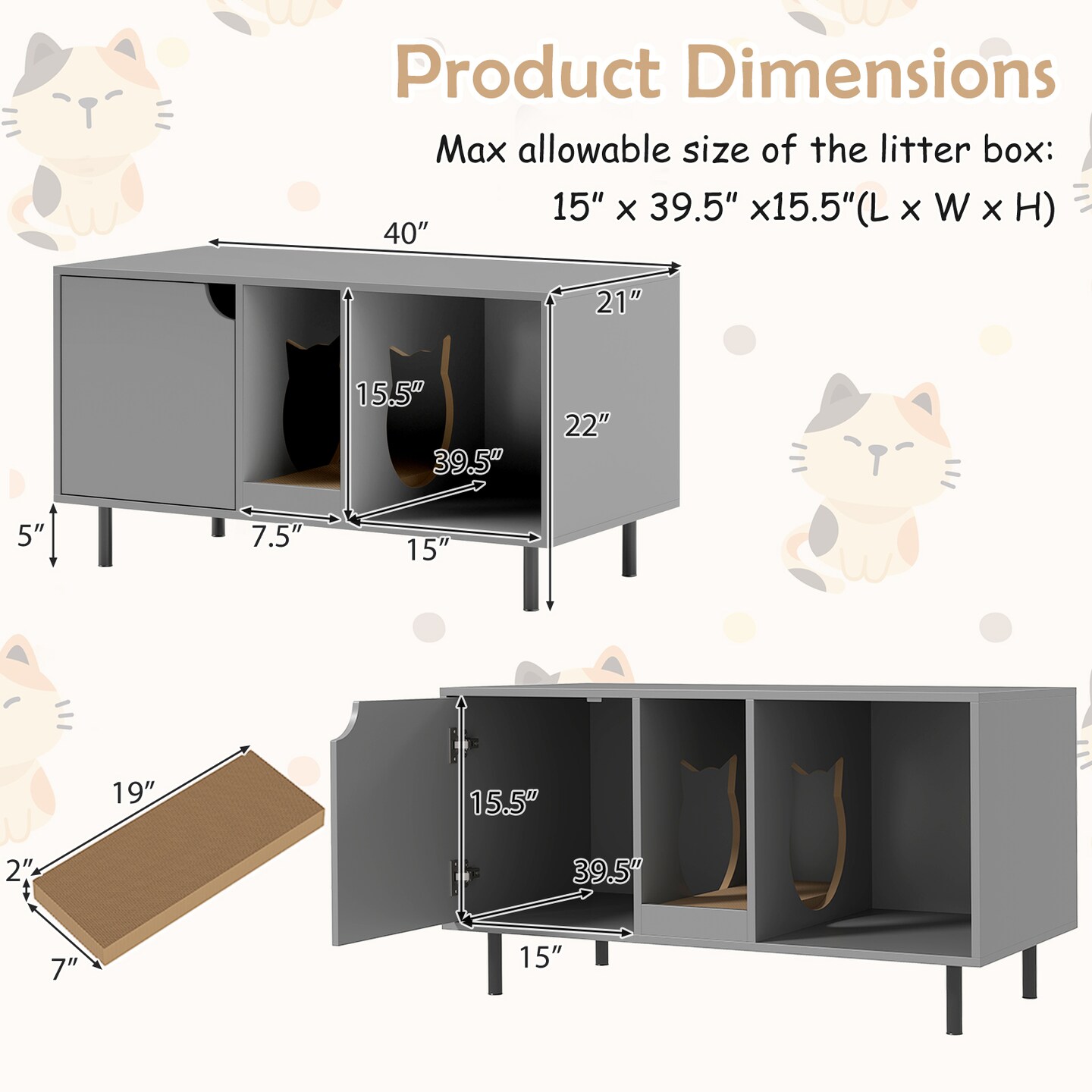 Engineered Wood Cat Litter Box Cabinet with Scratcher and Storage