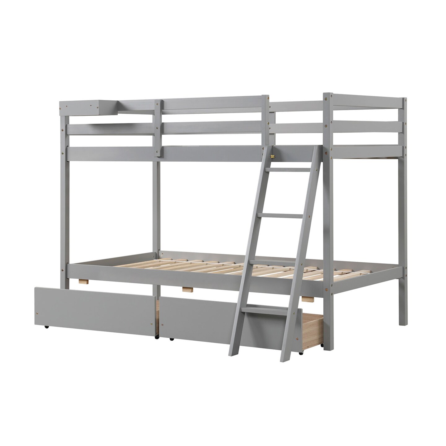 Natural Wood Twin Over Twin Bunk Bed with Storage Drawers Ladder, Color ...