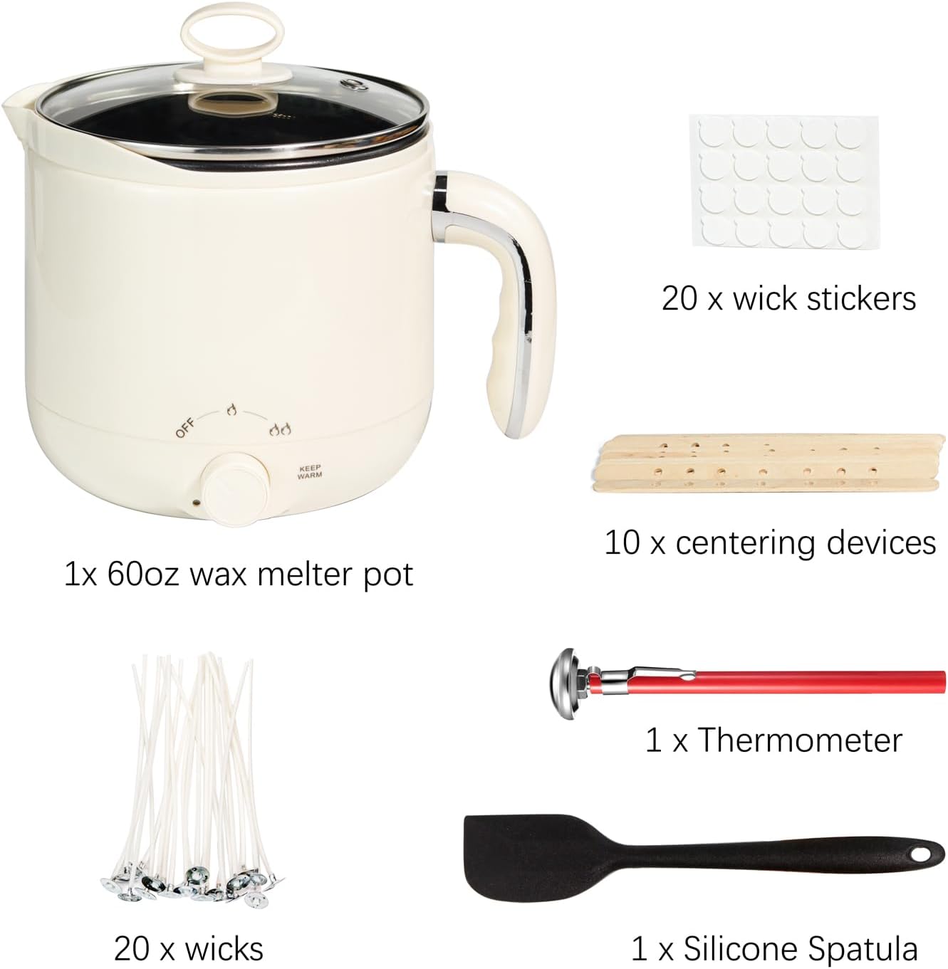 60oz Electric Wax Melter for Candle Making – Includes Thermometer, Wicks, Stickers, Centering Device & Spoon