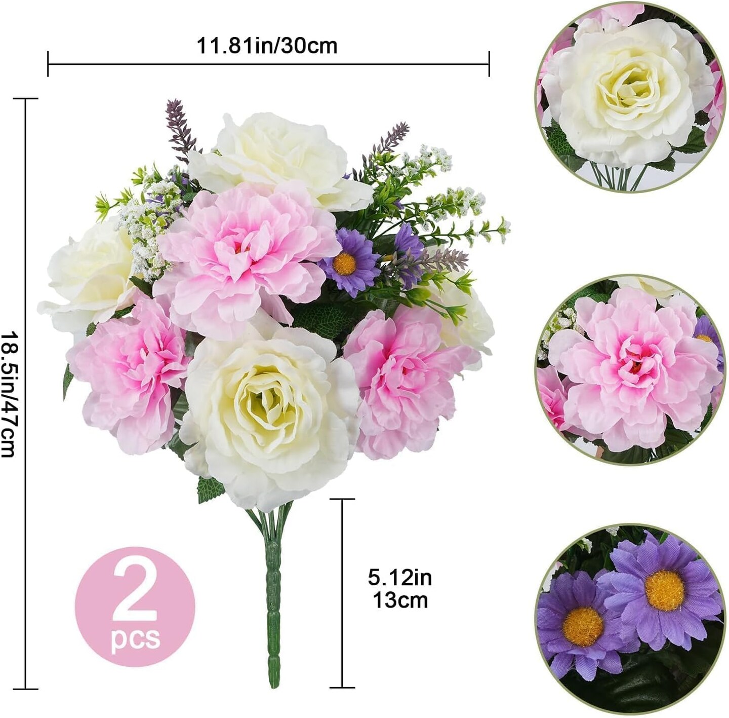 2 Bundles Artificial Spring Flowers 18.5&#x27;&#x27; Artificial Flowers for Cemetery Silk Flowers Fake Peonies Cemetery Decorations for Grave Office Indoor Centerpiece Table Wedding Bouquet Home Decor