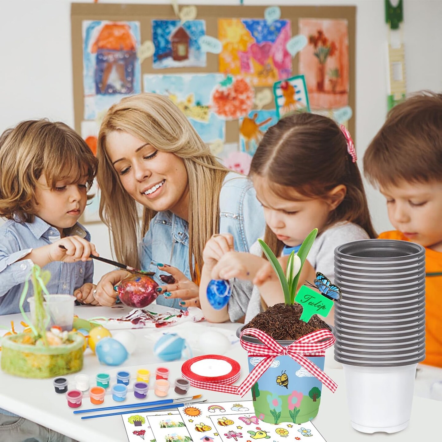 Spring Garden Plastic Pot Craft Kit 50 Nursery Pots with 32 Stickers 50 Plant Labels 4 Painting Tools and 1 Ribbon for Kids Flower Plant Spring Graduation DIY Crafts Painting Gardening Growing Tools