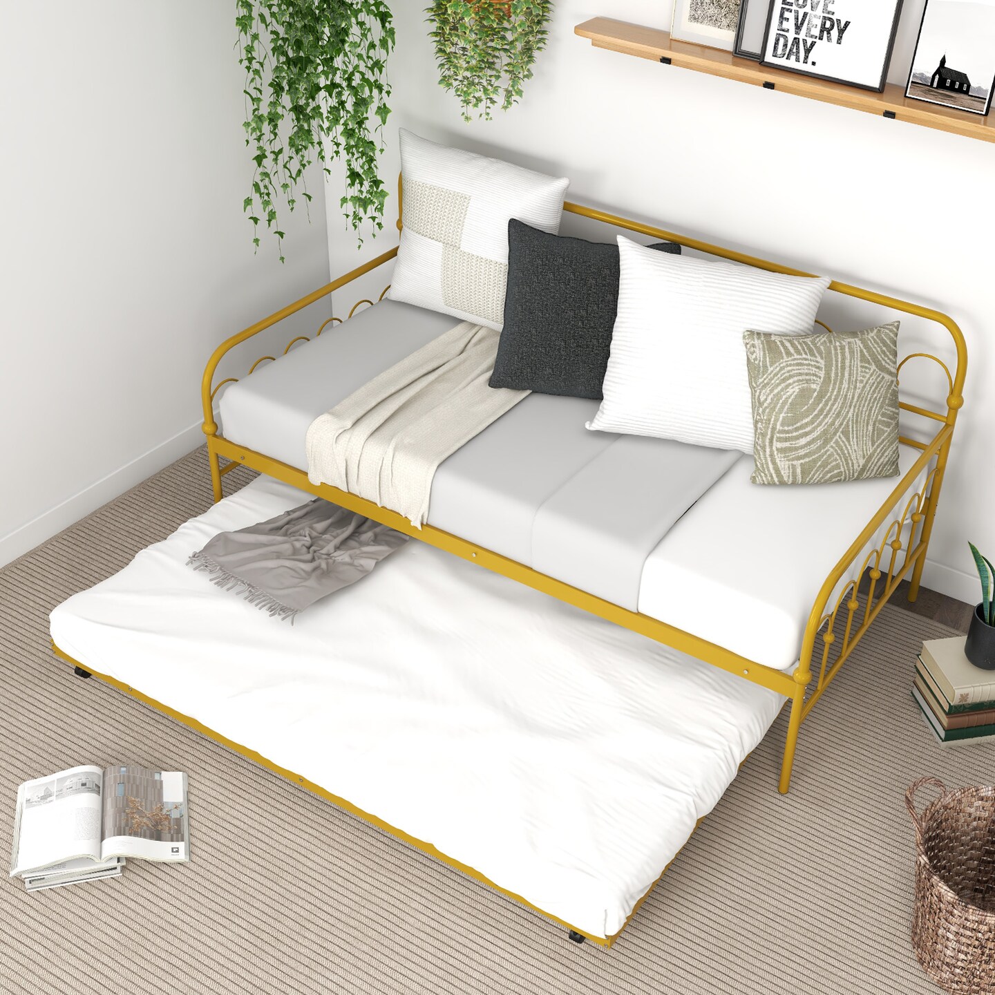 Golden Metal Daybed with Trundle, Lockable Wheels, and 330 lbs Load Capacity