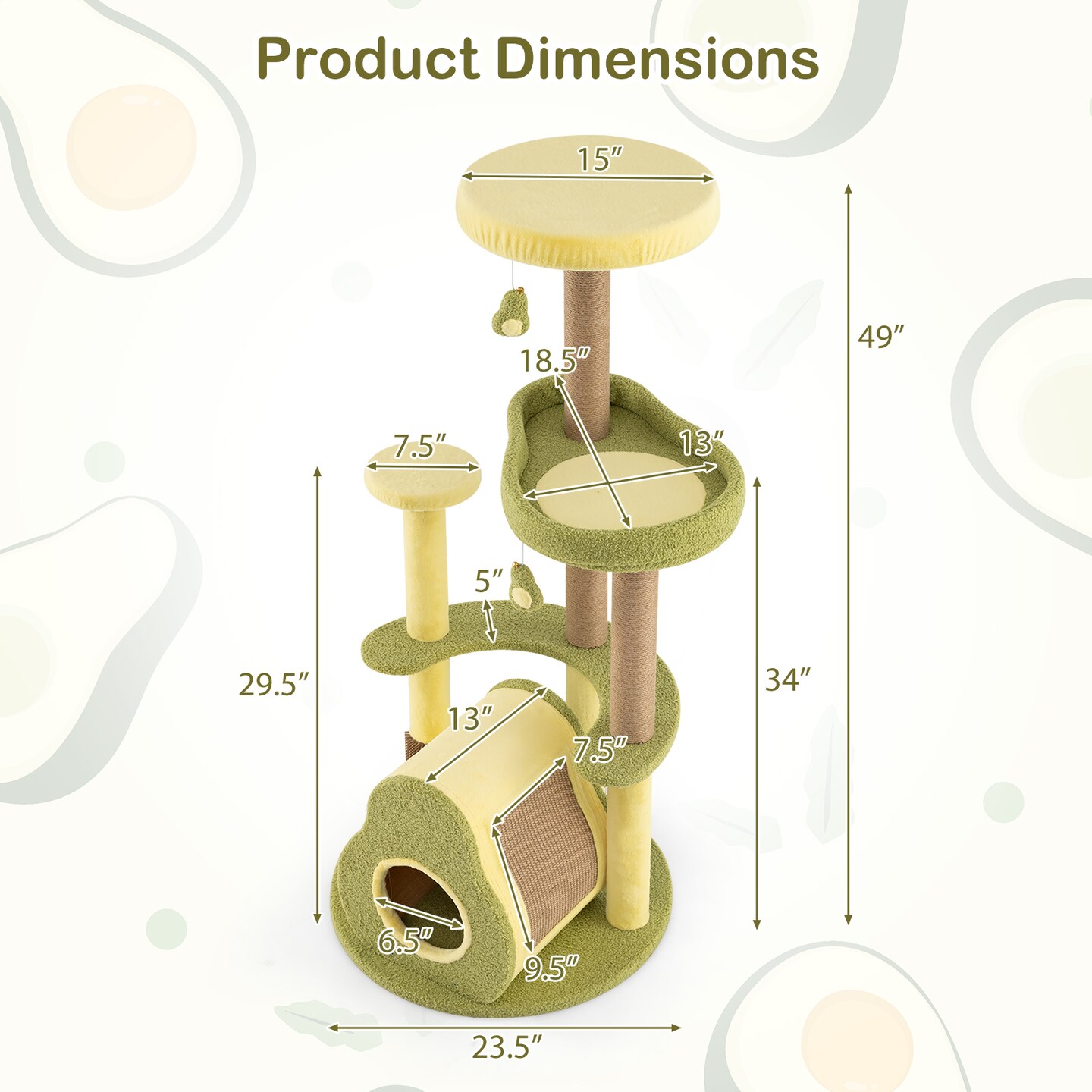 Green Engineered Wood Cat Tree with Avocado Platform, Scratching Posts and Toy
