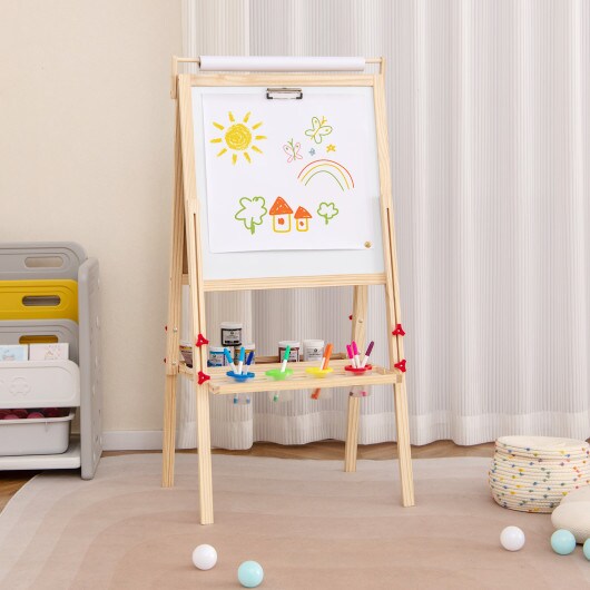 Natural Pine Wood Adjustable Double-Sided Easel with 2 Fabric Storage and Height Adjustment Knob