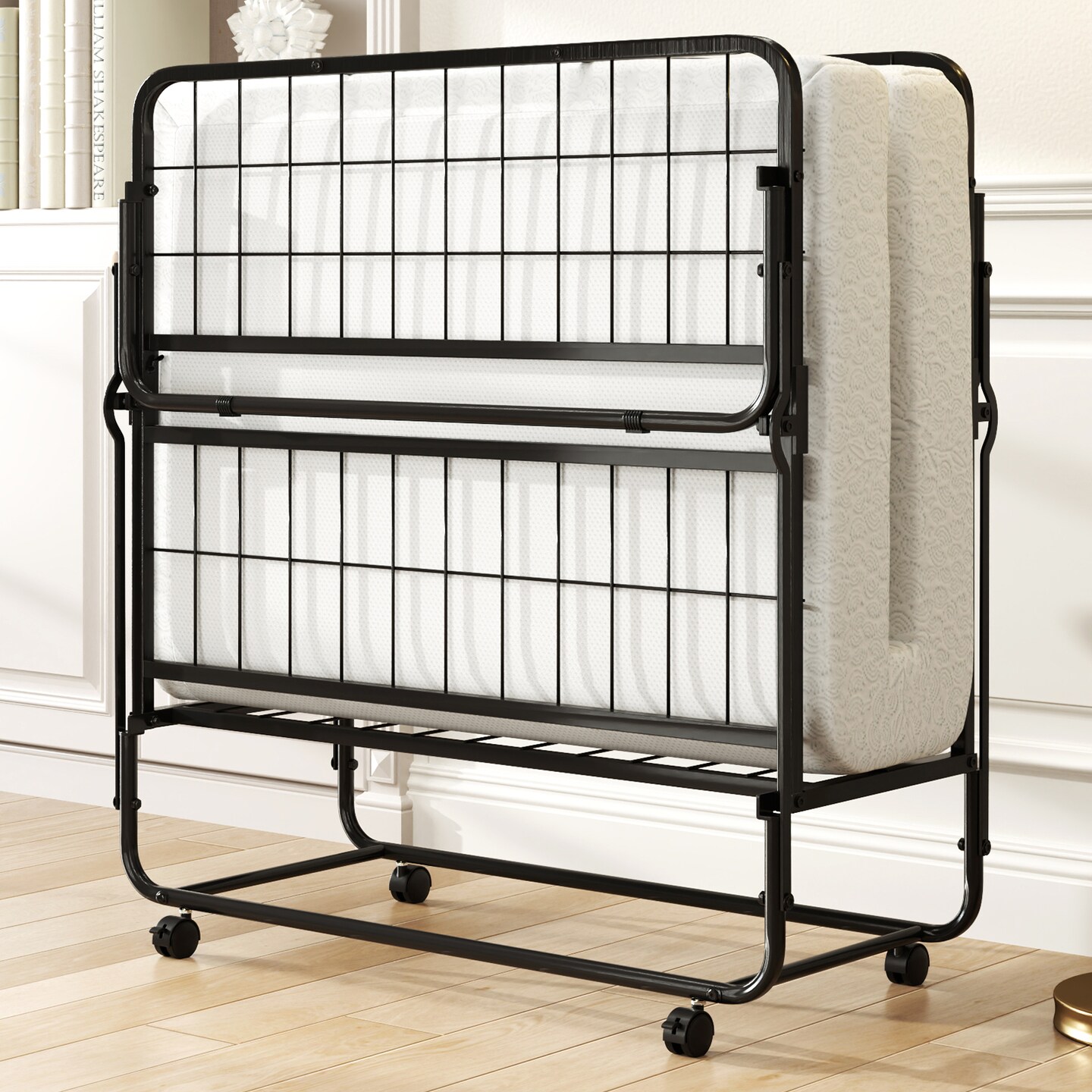 White Memory Foam Mattress Folding Bed with Black Metal Frame and Casters