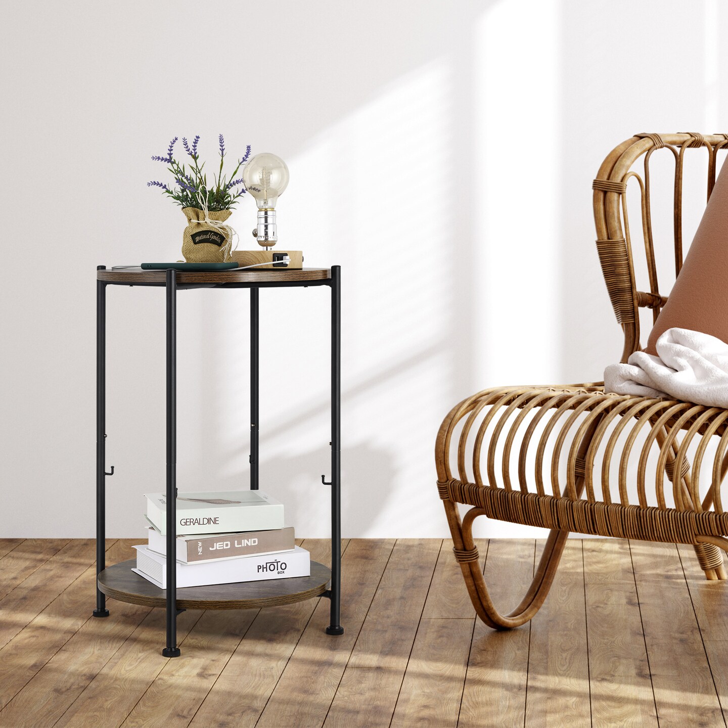 Industrial 2-Tier Round Side Table with Storage Basket &#x2013; Vintage-Inspired End Table for Living Room, Bedroom, or Office &#x2013; Sturdy Metal &#x26; Wood Design, Easy Assembly