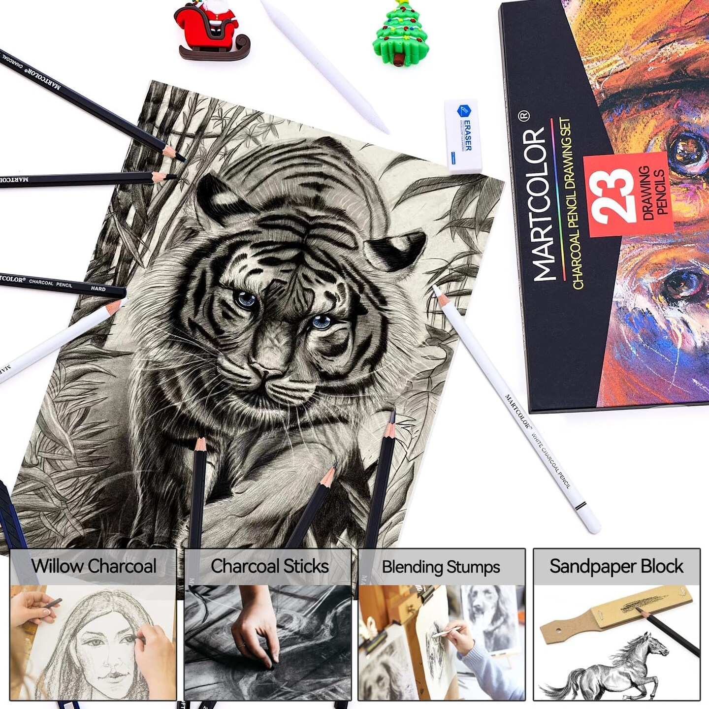 Charcoal Drawing Set, Set of 23, Graphite Pencils, Black &#x26; White Charcoal Pencils for Drawing, Sketching, Shading, Blending, Artist Pencils for Beginners &#x26; Pro Artists