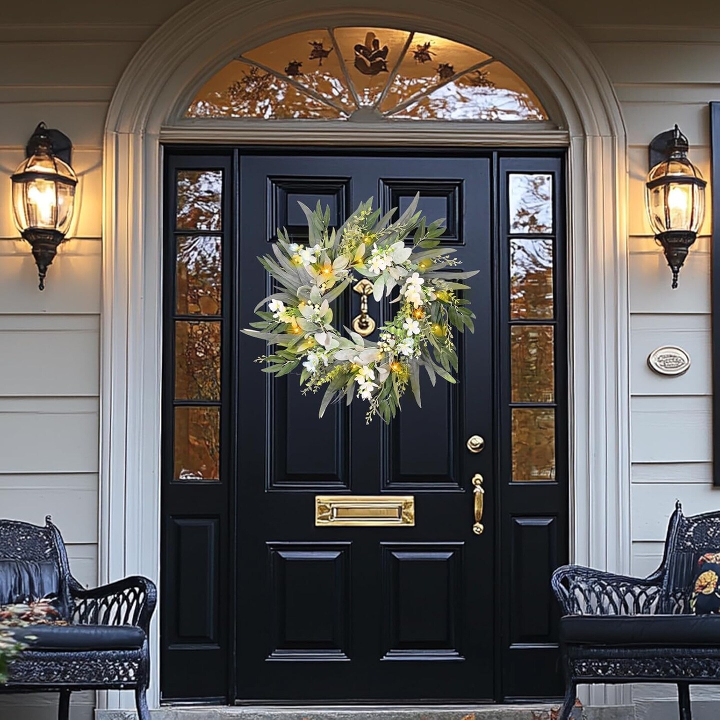 4 Inch Lambs Ear Spring Wreaths for Front Door Year Round Outside, Artificial Spring Summer Easter Floral Wreath with Timer Lights, Eucalyptus Berries &#x26; Orchids, Green Handmade Farmhouse Home Decor