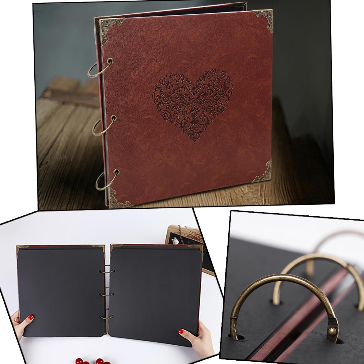 Photo Album Scrapbook, 50 Pages Vintage Leather Cover Big Three-Ring Binder Love Picture Booth DIY Scrapbooking Albums with Self Adhesive Photos Corners for Memory Keep