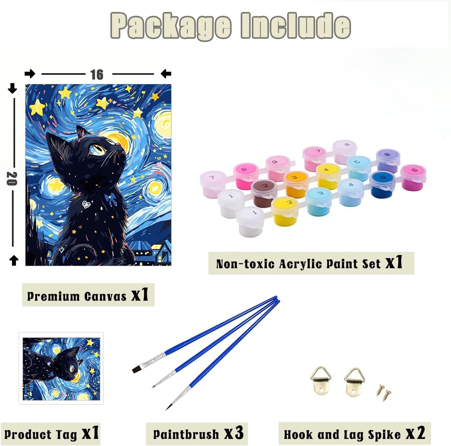 Paint by Numbers for Adults Black Cat, Paint by Numbers Kit on Canvas for Beginners, Starry Night Number Painting Set Craft Supplies, 3 Paintbrushes and Acrylic Paint 16x20 Inch