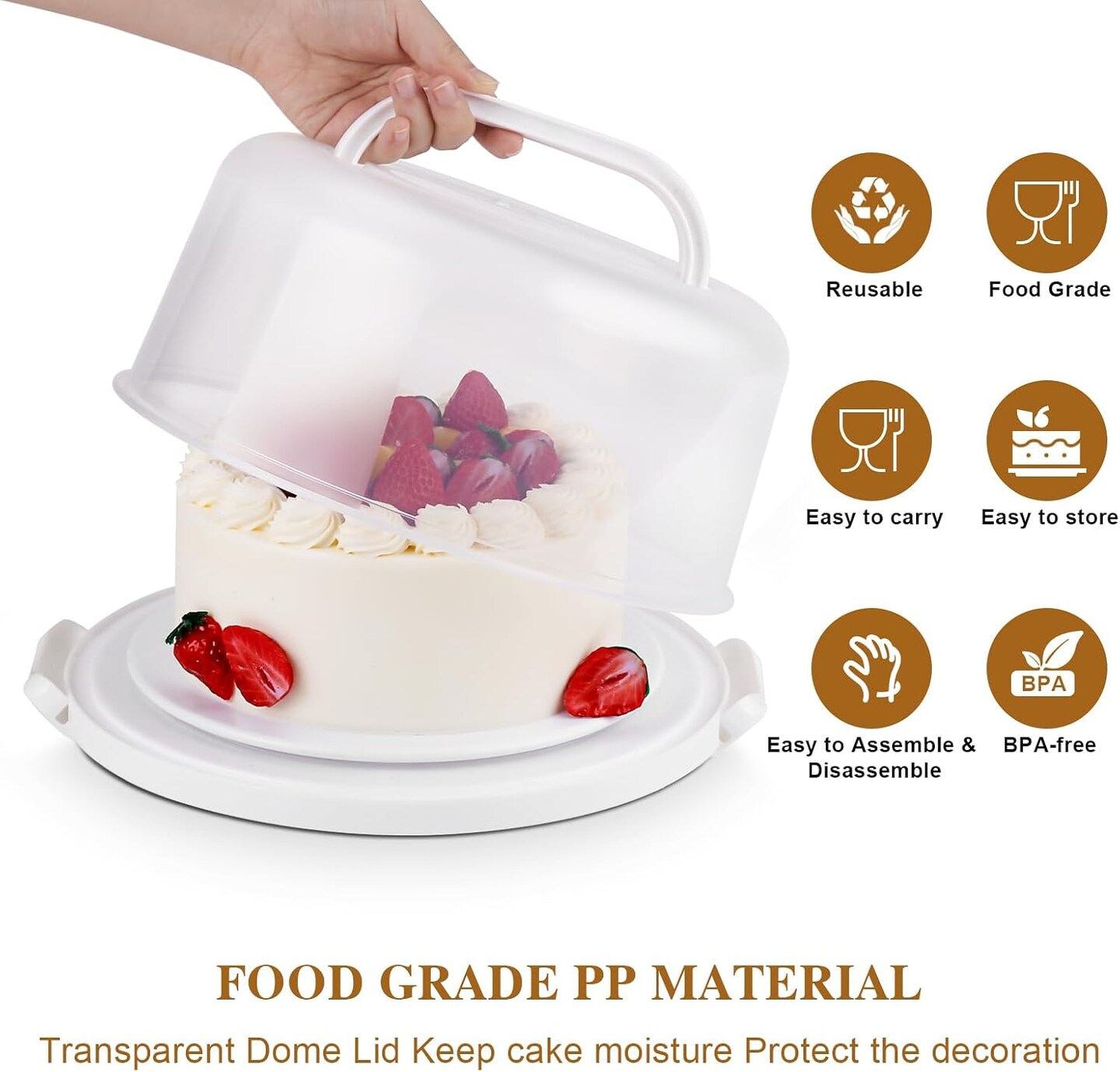 Cake Carrier with Lid and Handle, Multipurpose Cake Stand Fits 10 inch Cake, Cupcake Containers for 11 Cupcakes&#xFF0C;Cake Holder Serves as Five Section Serving Tray, Portable Cake Carriers, White
