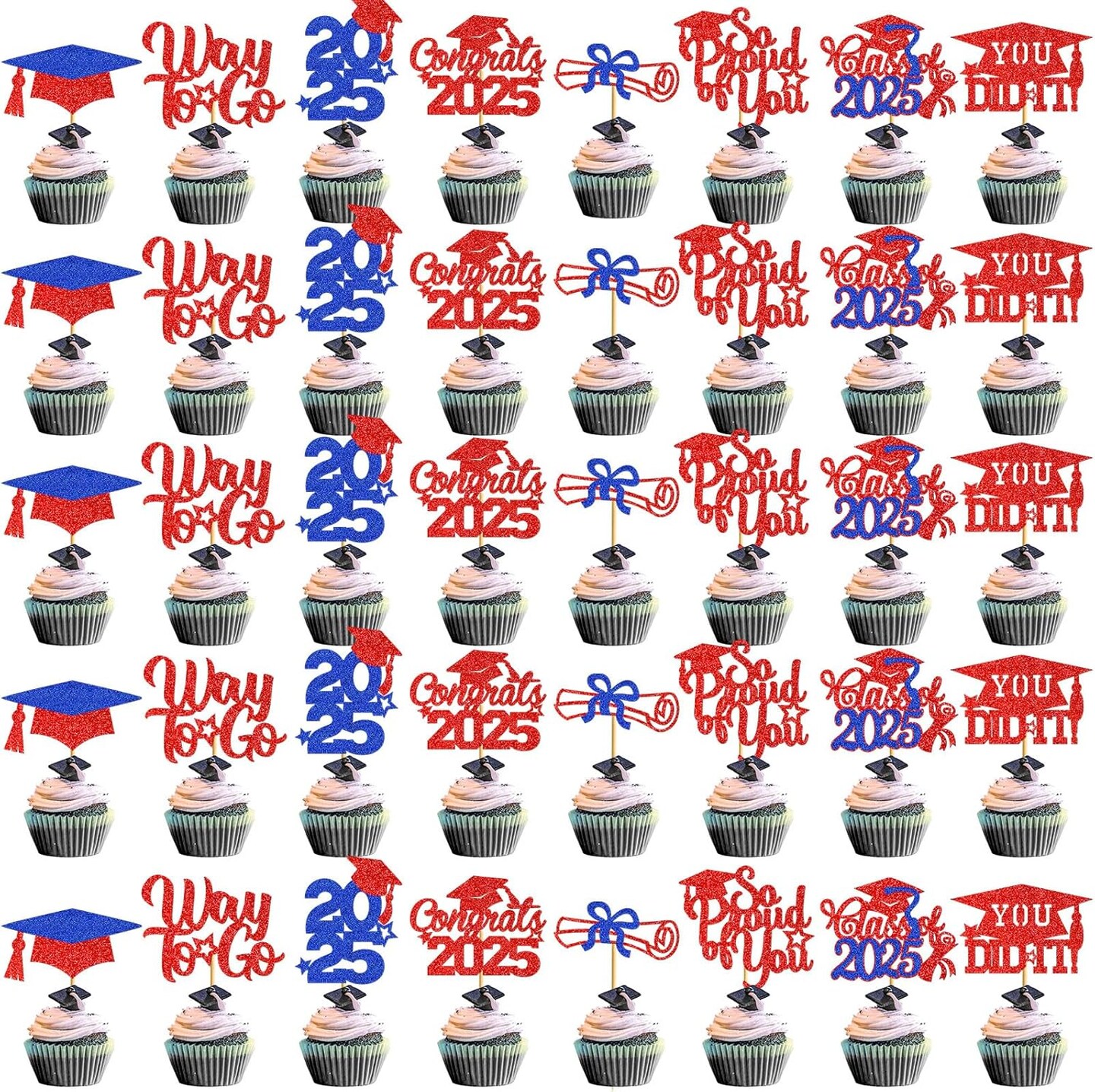 40Pcs Graduation Cupcake Toppers 2025 Graduation Decorations Class of 2025 Cupcake Toppers 2025 Congrats Grad Cake pick Grade Party Decorations 2025 (blue)