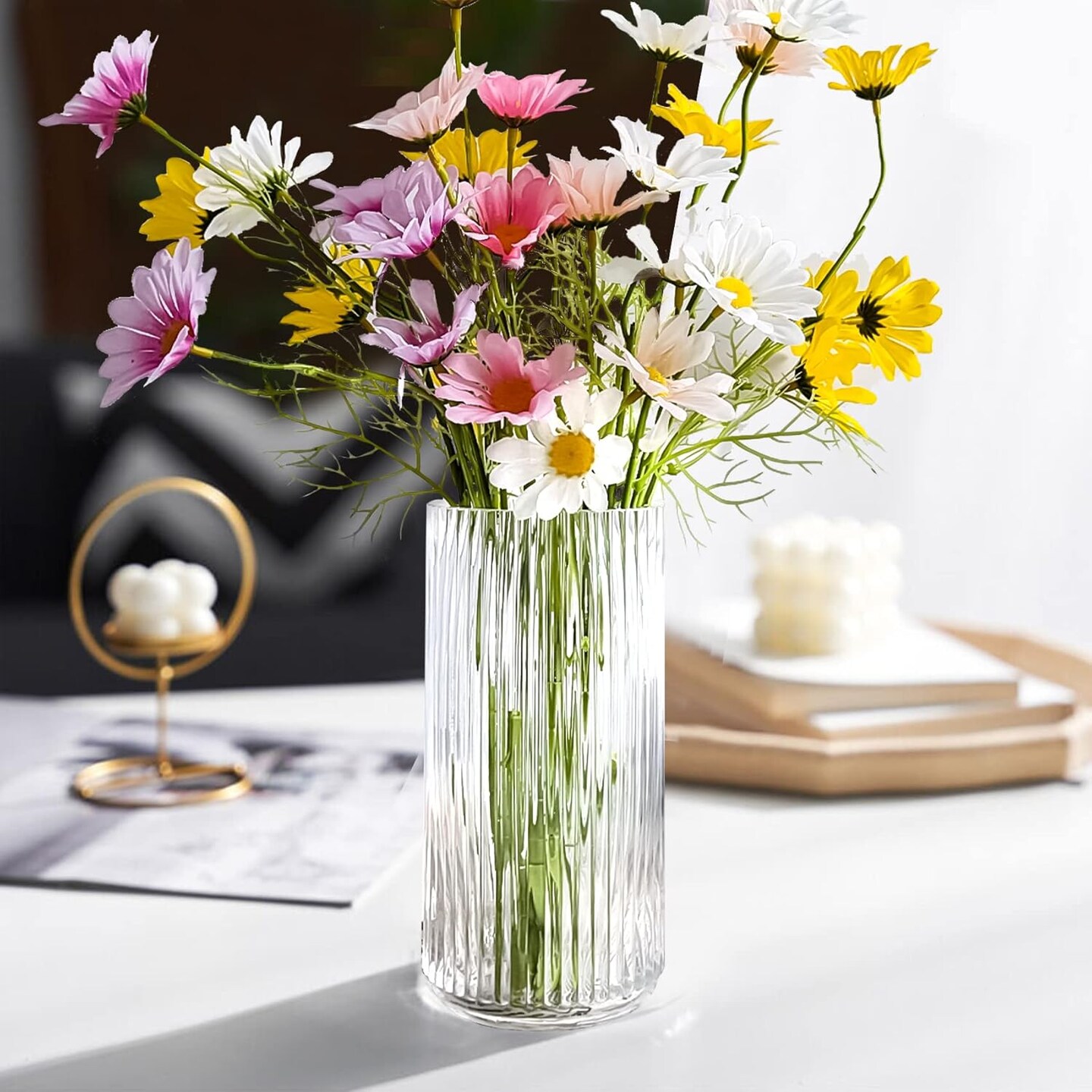 9.8&#x22; Flower Vase for Decor Ribbed Glass Vase Modern for Centerpieces Desktop Home Office Dining Living Room Wedding (Clear)