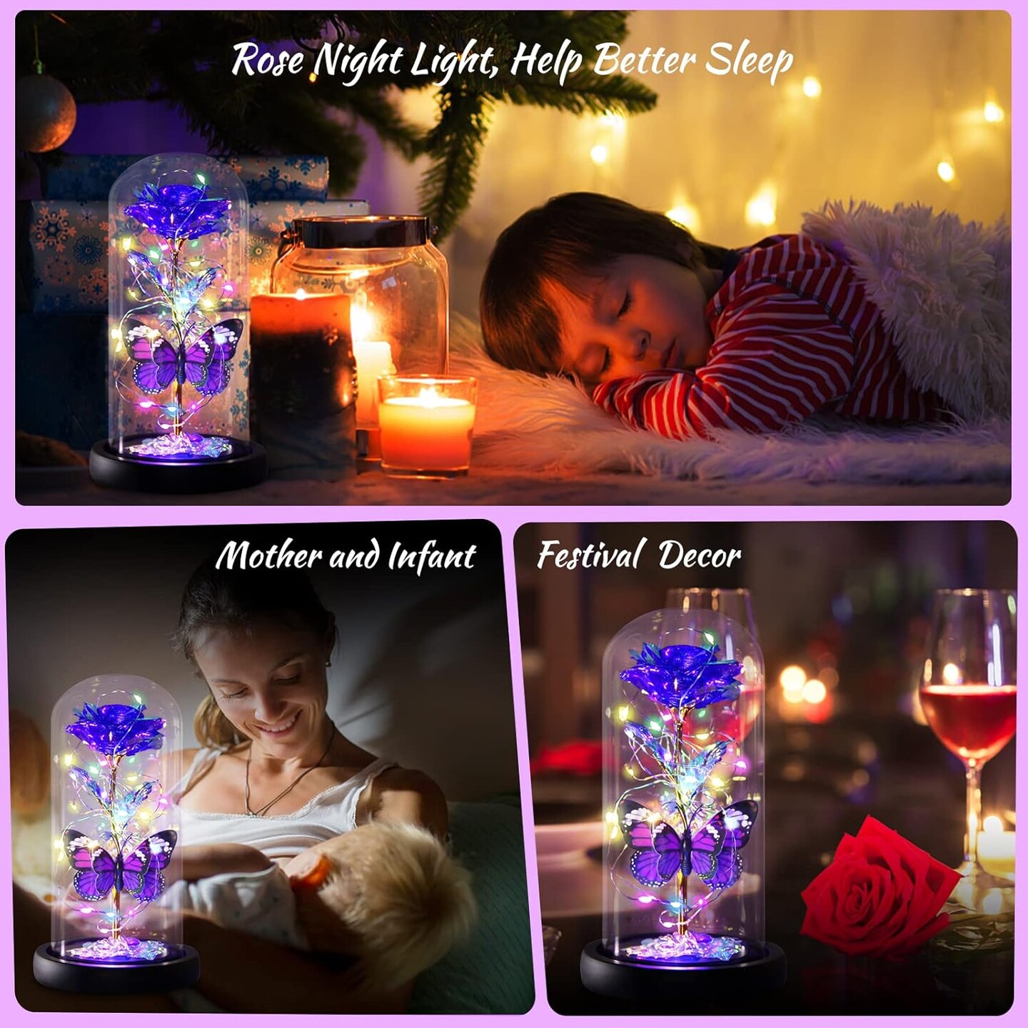 Purple Butterfly Rose Flower Birthday Gifts - Women Gifts for Her Mothers Day Valentines Anniversary Christmas Thanksgiving - Light Up Rose Flower Gifts for Mom Wife Grandma Girlfriend Daughter Sister