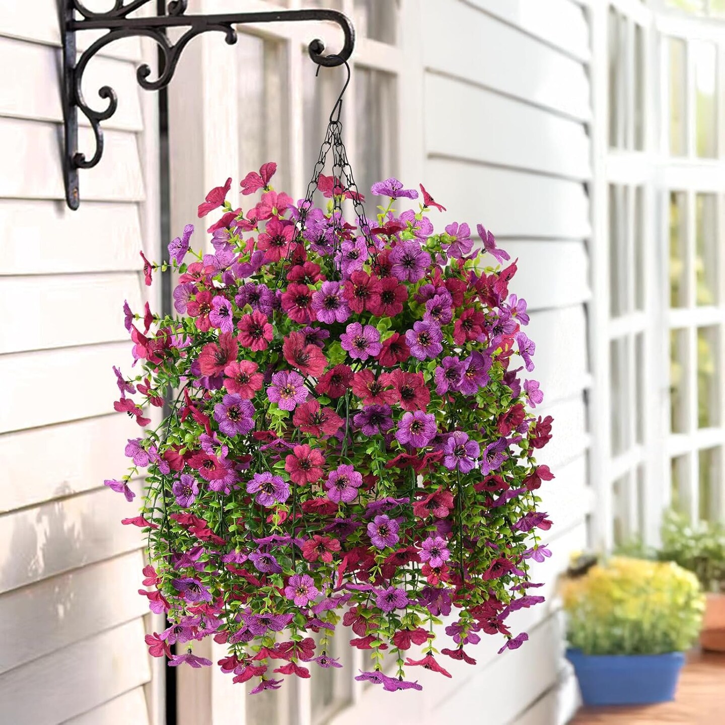 Artificial Flowers Hanging Baskets, 4 Bundles Outdoor Hanging Basket Spring Summer Decoration