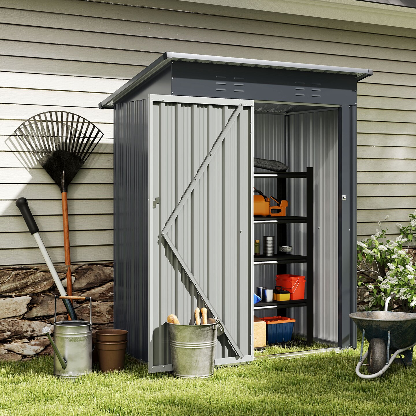 Grey Galvanized Metal Outdoor Storage Shed with Lockable Door, Vents, and Roof