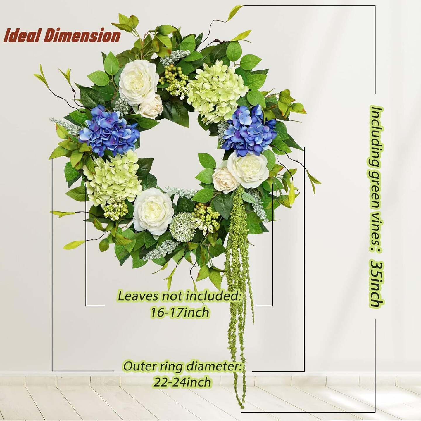23 Inch Spring Wreaths for Front Door, Blue and Green Hydrangea Flower Door Wreaths Outside, Floral and Seasonal Wreath, Artificial Decor Decorations for Outdoor, Indoors, Valentine