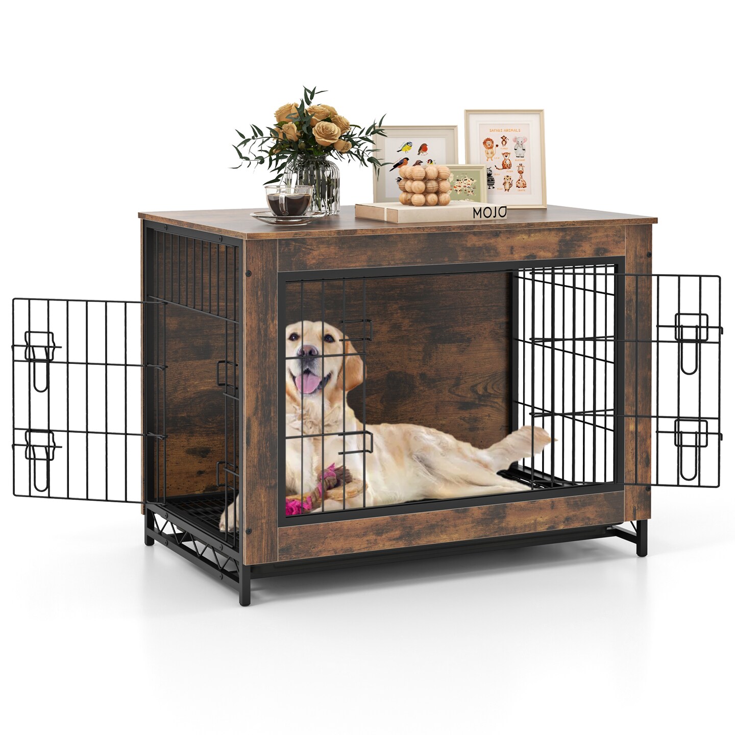 Rustic Brown MDF Metal Dog Crate Furniture with Dual Lockable Doors and Pull-Out Tray