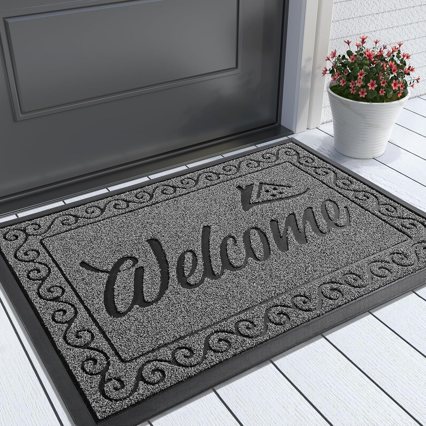Welcome Mat, Heavy Duty Sturdy Door Mats for Home Entrance Outdoor Indoor, Front Doormat for Outside Patio Floor Entry Porch Garage Office, Waterproof, Low Profile, 29.5 x 17, Black Grey