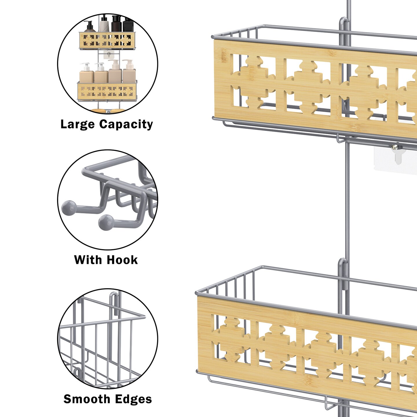 3-Tier Hanging Shower Caddy Over Shower Head – Rustproof Bathroom Organizer with Soap Holder, Bamboo Board & Hooks, No-Drill Installation (28.7"H, 40 lb Capacity)