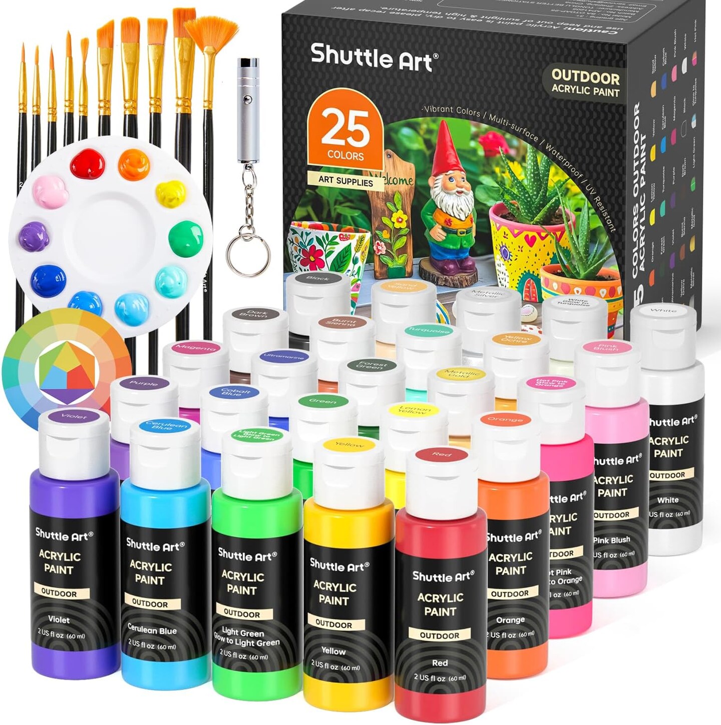 25 Colors Outdoor Acrylic Paint Set, 2oz/60ml Waterproof Acrylic Paint with 10 Brushes 1 Palette, Rich Pigmented Paints for Artists, Beginners on Rocks, Wood Crafts, Garden Statues
