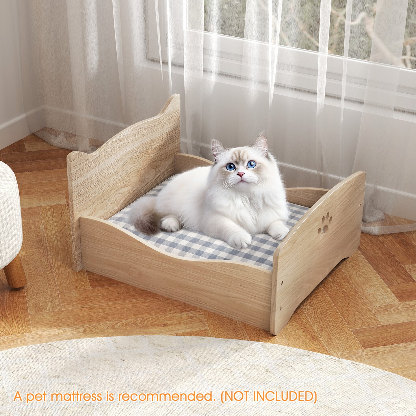 Natural Elevated Pet Bed Frame with Rails and Cute Headboards Ideal for Indoor Small Pets