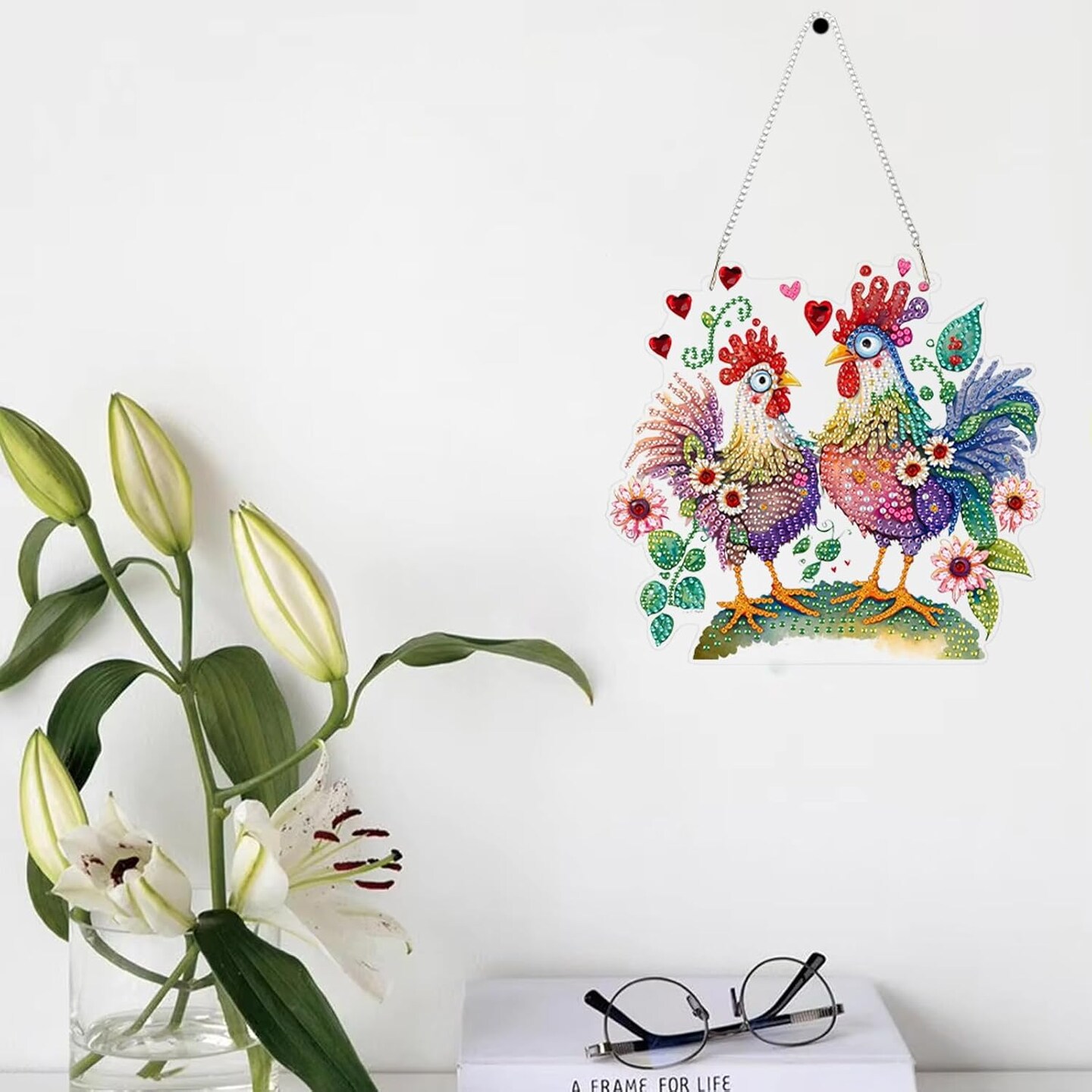 Diamond Art Kits for Adults Ornaments-Chicken Diamond Art Paintings Suncatchers-Full Drill Diamond Dots Paintings for Beginners, Round 5D Paint with Diamonds Art Accessories Gem DIY Deco &#x3010;Package Include&#x3011;1 canvas without frame, 1 diamond sticky pens,