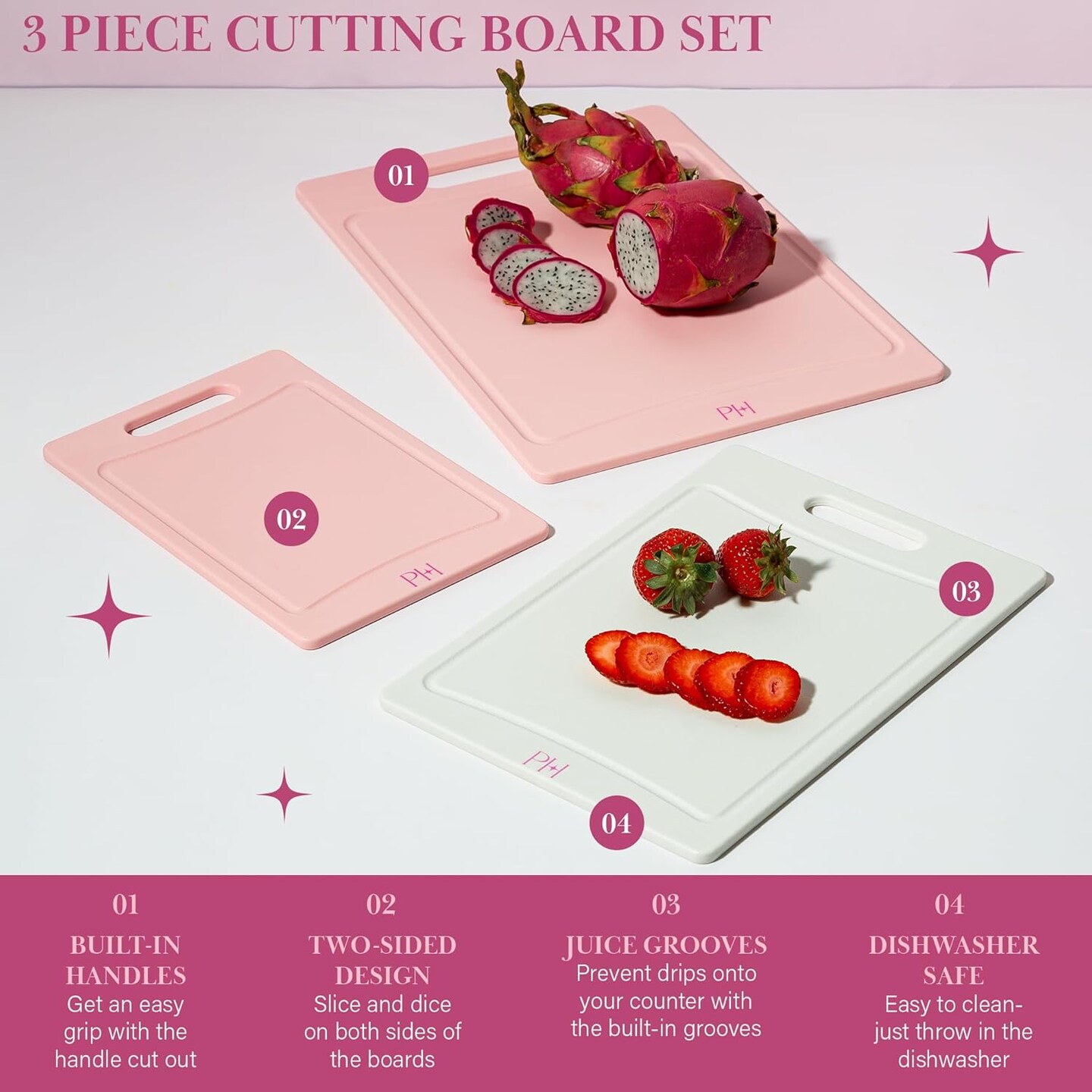 Cutting Boards, Dual-Sided Cutting Board Set with Built-in Juice Grooves, Easy-Grip Handles, Heavy-Duty Plastic Made without BPA, Dishwasher Safe, 3-Piece Set, Pink and Cream