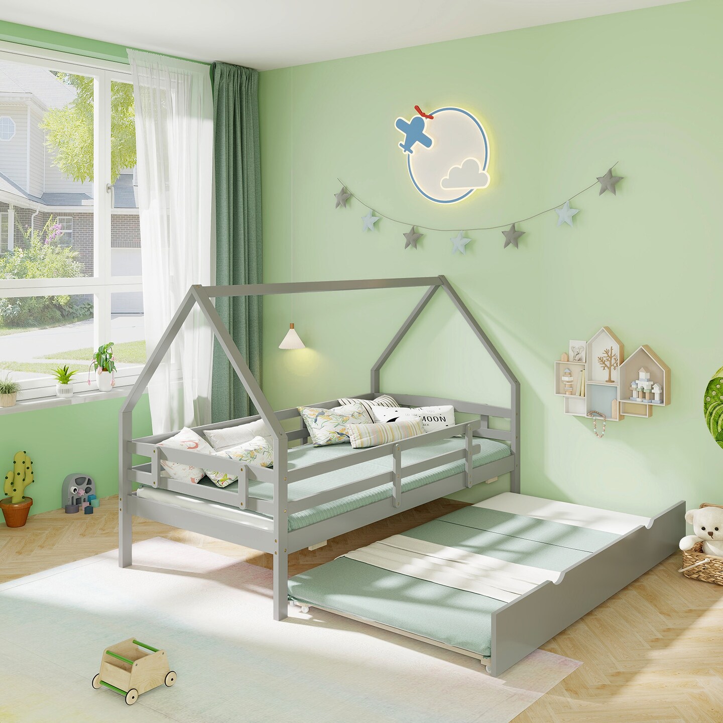 Twin House Bed with Trundle and Fence Rail for Kids Room