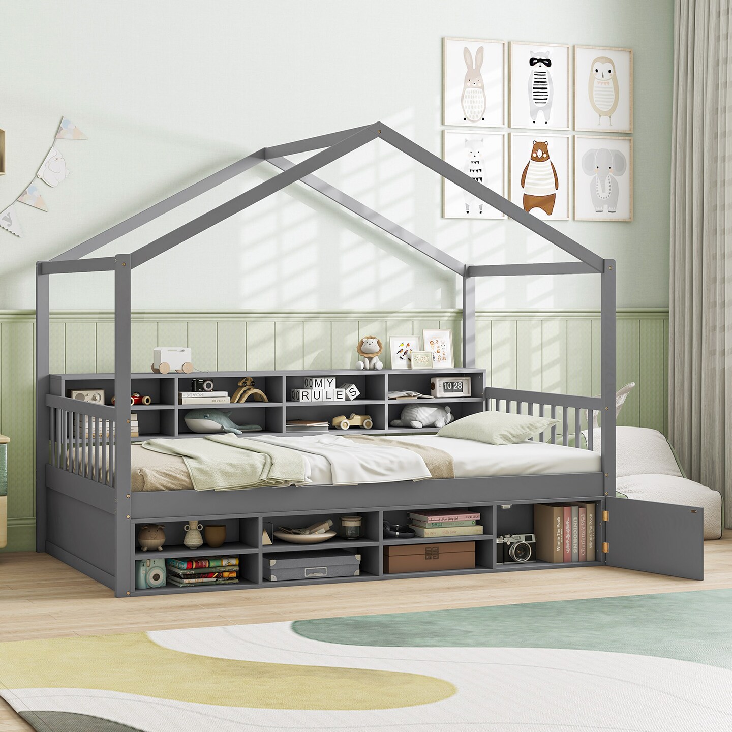 Grey House-Shaped Kids Bed with Storage Cubes, Bedside Shelf and Wooden Frame