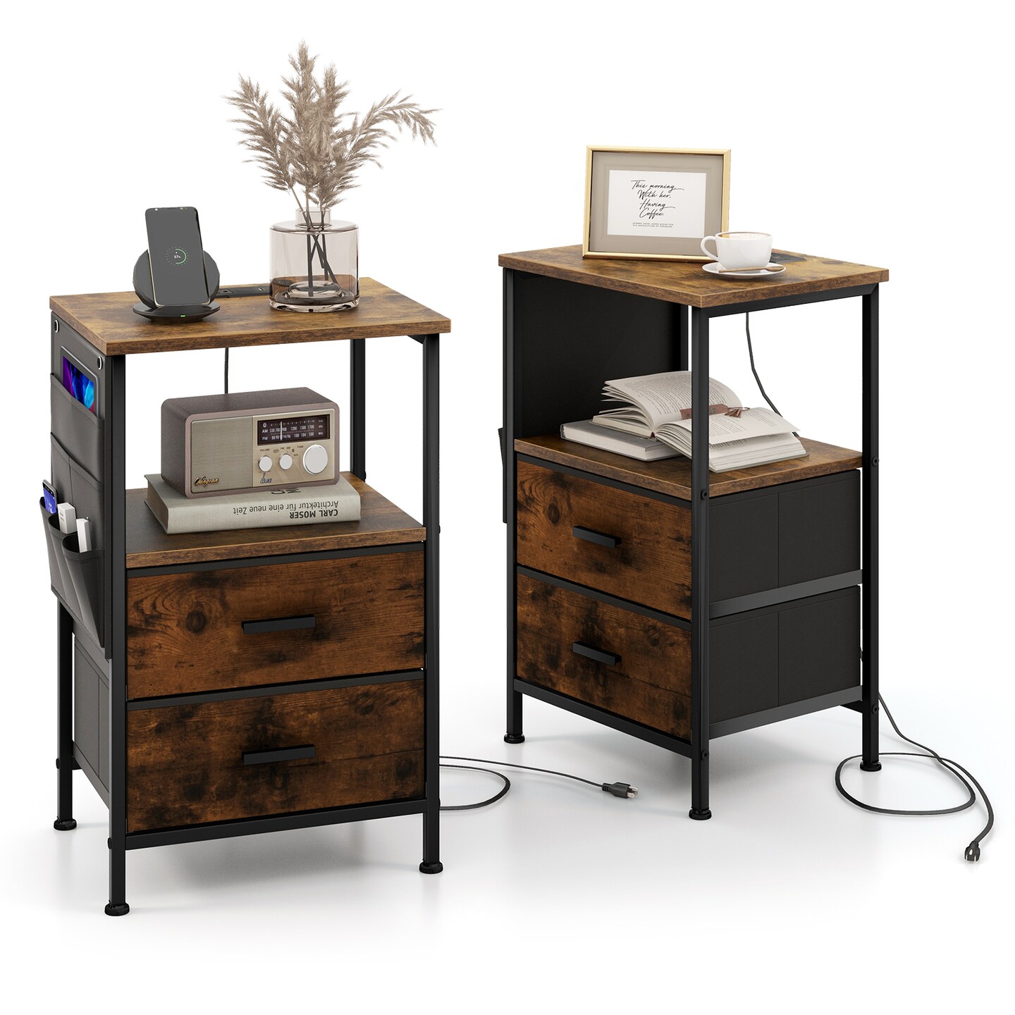 Rustic Brown Bedside Table with USB Ports and AC Outlets Perfect for Any Room