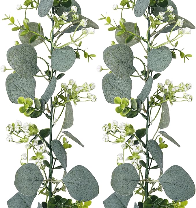2 Pack Artificial Eucalyptus Garland with Flowers,Faux Greenery Garland Decor 5.9FT Fake Vines Hanging Spring Garlands for Bedroom Wedding Backdrop Arch Wall Centerpiece Table Outdoor Decor