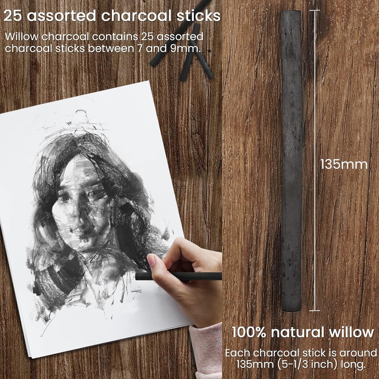 Willow Charcoal Sticks, Natural Willow Charcoal for Artists, Beginners, or Students of All Skill Levels, Great for Sketching, Drawing, and Shading, Approx 2-4mm in Diameter, Pack of 25