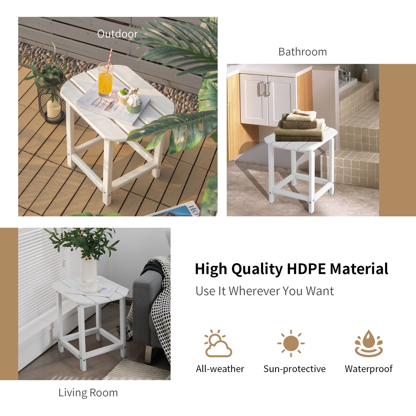 White HDPE Adirondack Outdoor Patio Side Table Set of 2 with Folding Design