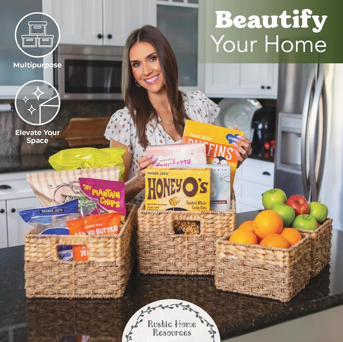 Spring Large Wicker Storage Basket with handles, Natural, Woven, Seagrass and Hyacinth Organizing Baskets for Shelves, Pantry, Bathroom