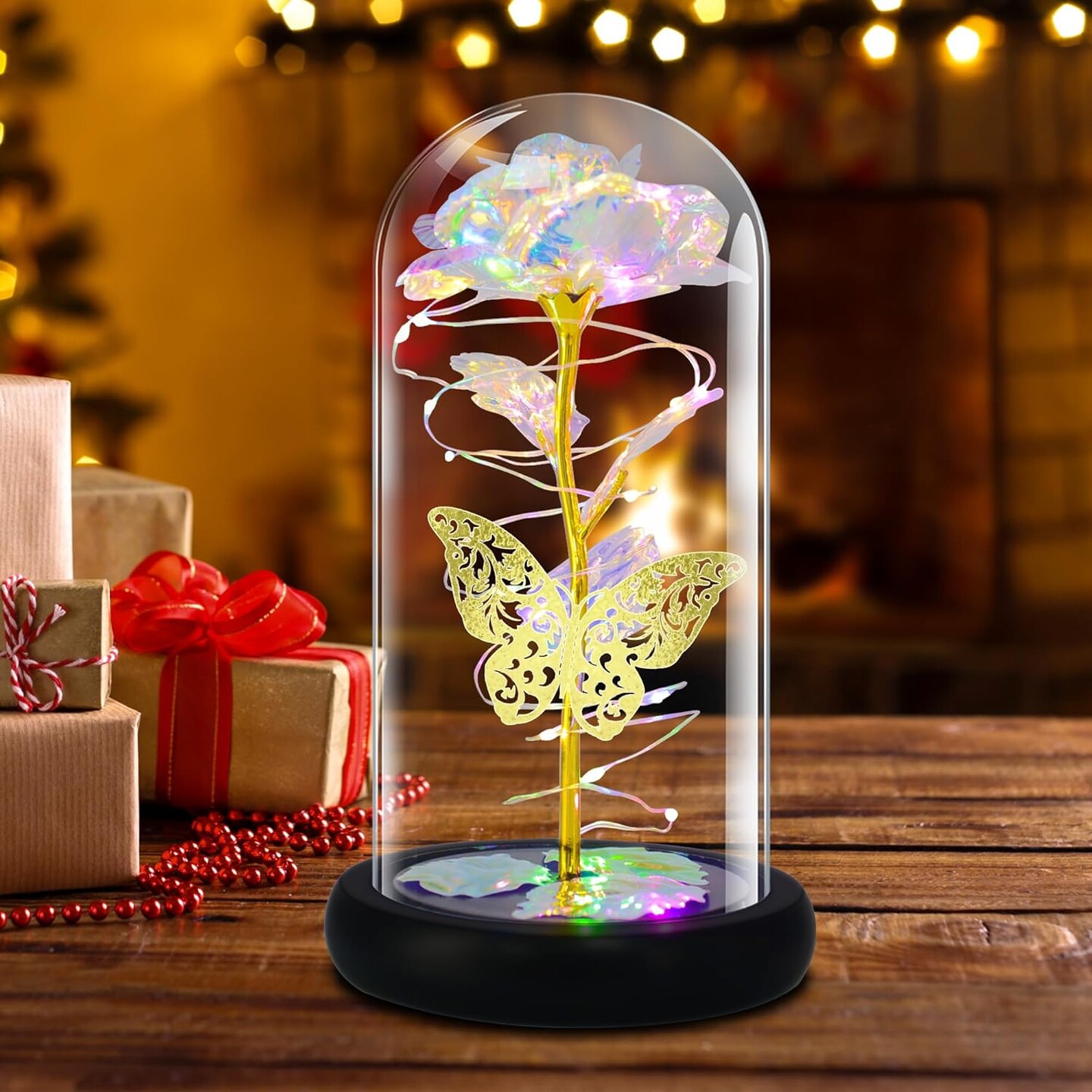 Birthday Gift for Women,Rose Flower Gifts for her,Artificial Flower Lasts in A Glass Dome, Unique Gifts is for Mothers Day,Christmas,Anniversary(Color)