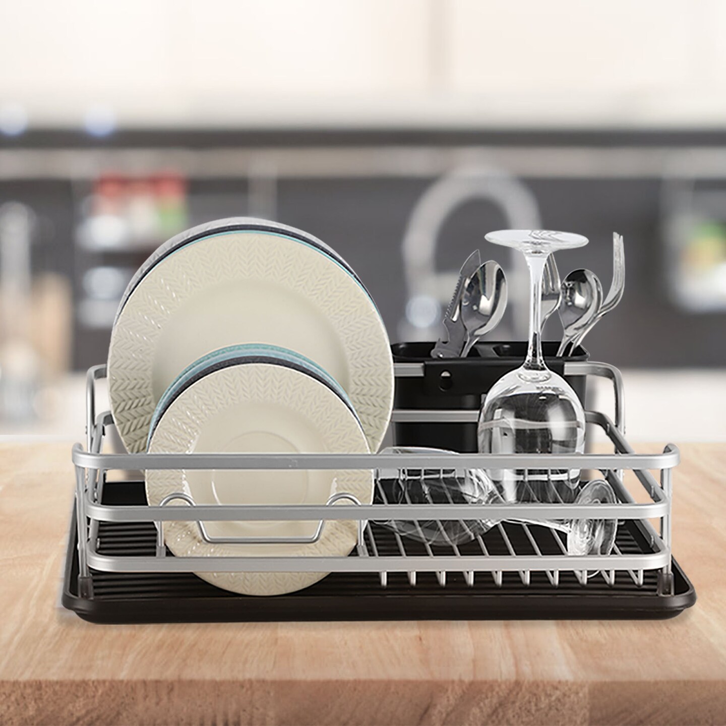 Smart Space-Saving Steel Dish Drying Rack with Removable Cutlery Holder &#x26; Drainer Tray &#x2013; Anti-Slip Base &#x2013; Compact for Apartments (16.92&#x201D;L x 12.4&#x201D;W)