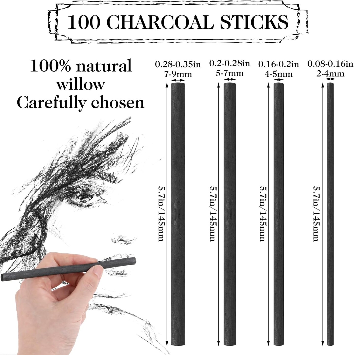 100 Pieces Willow Charcoal Sticks, Willow Charcoal, Soft Black Drawing Charcoal for Sketching and Drawing Art Sketch Artists Supplies, 5.7 Inch in Length (2-4, 4-5, 5-7,7-9 mm)