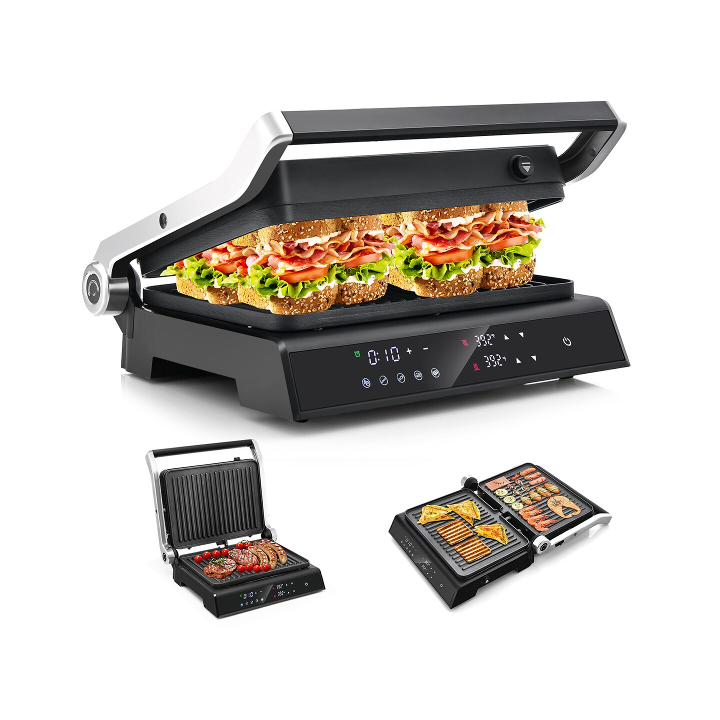 3-in-1 Electric Panini Press Grill with LED Touch & Auto Modes