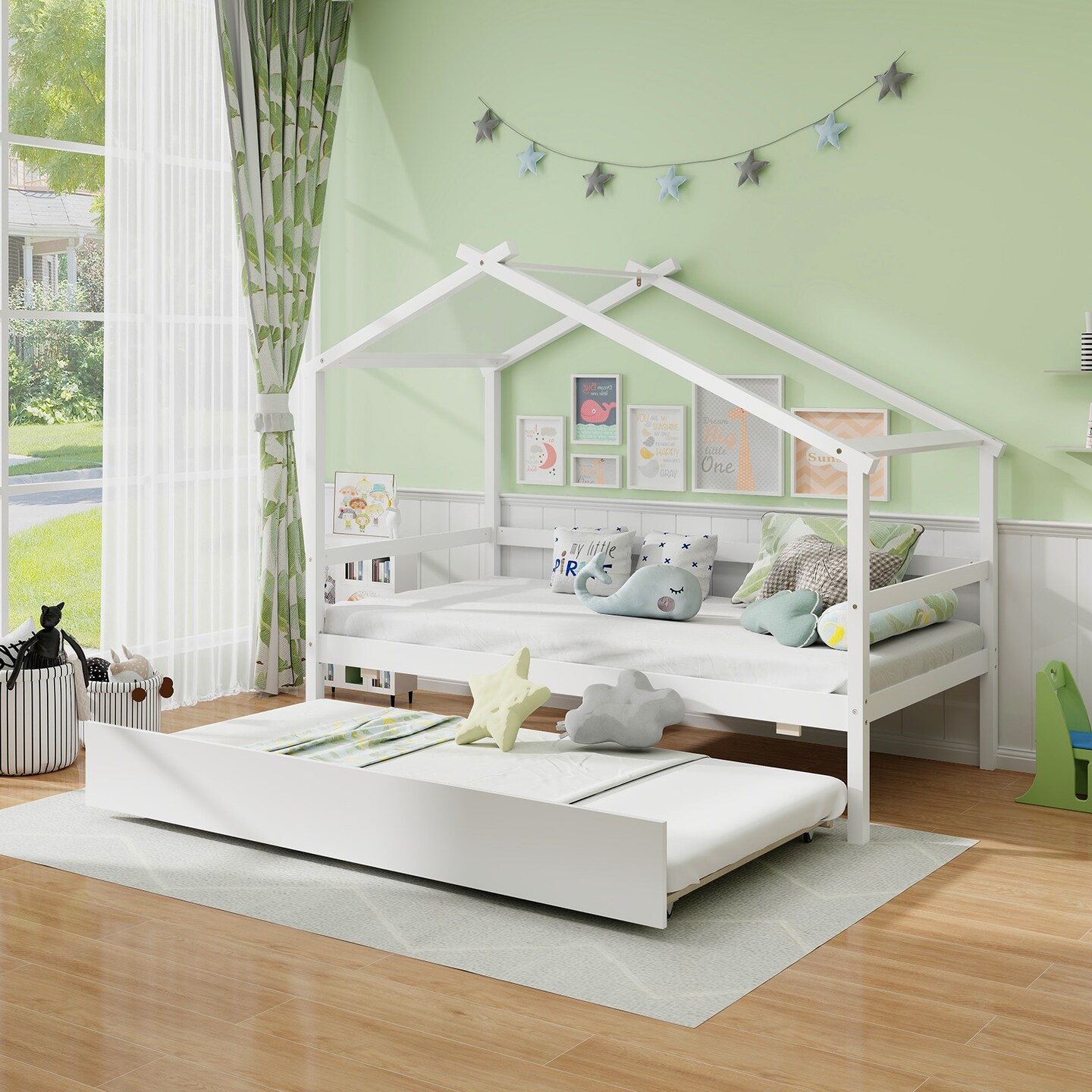 Pine Wood Twin Size House Bed with Trundle, DIY Roof, Slat Support and Safe Design
