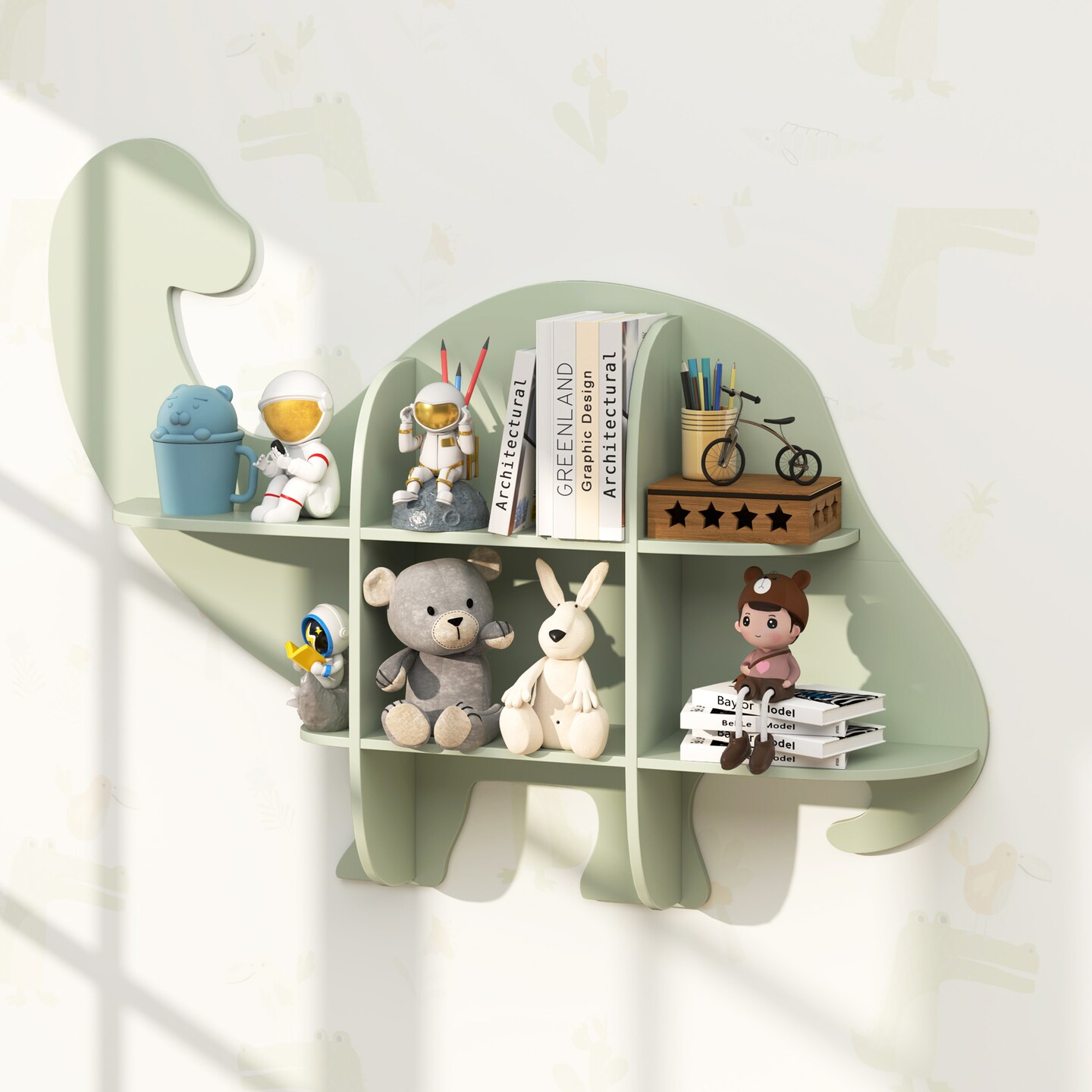 Green MDF Dinosaur Kids Bookshelf with Wall Mount, 2-Tier Storage and Safety Design