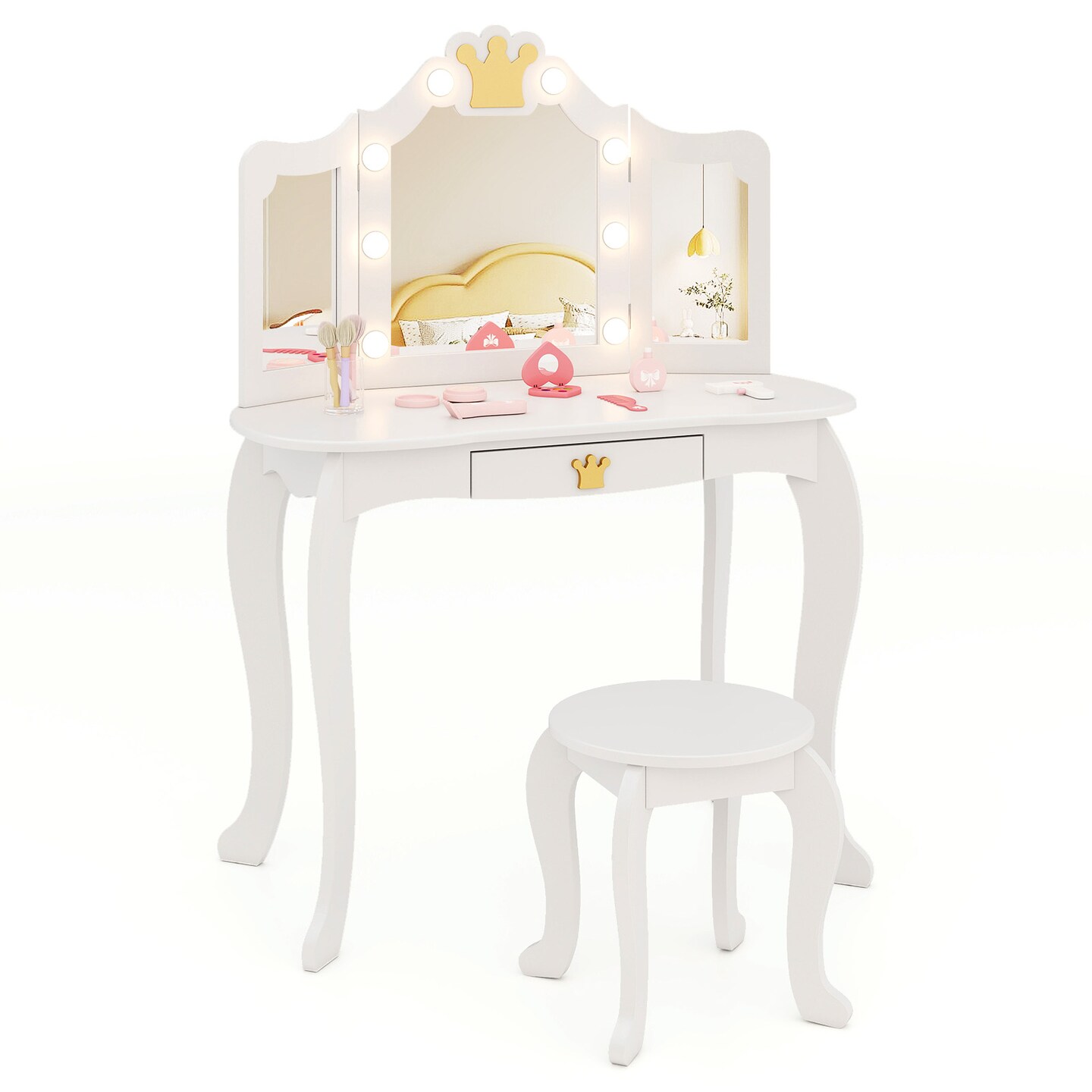 MDF and Acrylic Kids Vanity Set with Tri-Fold Mirror, LED Lights and Storage