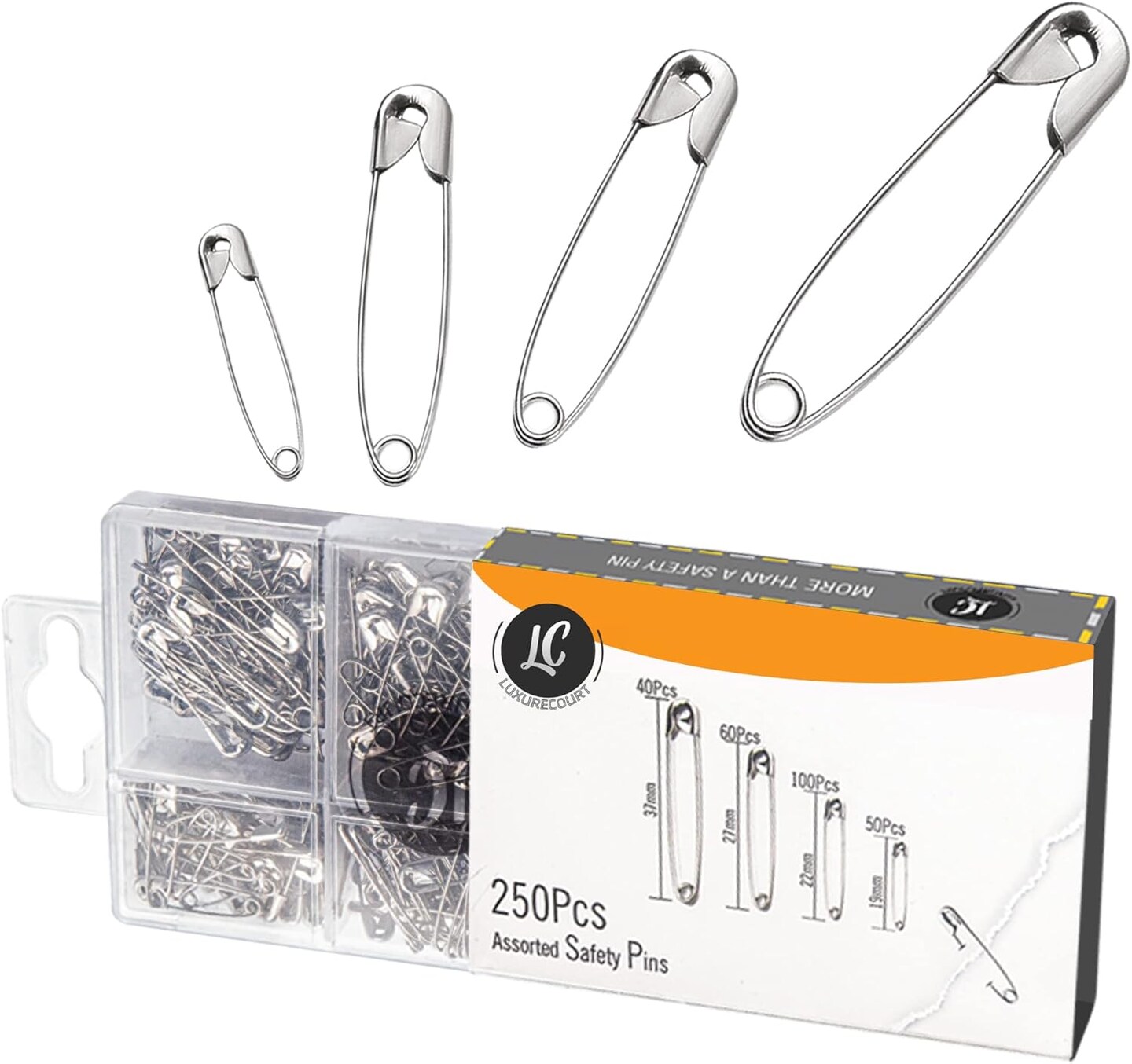250PCS Safety Pins – 4 Assorted Sizes, Rust-Resistant Nickel Plated Steel for Sewing & Crafts