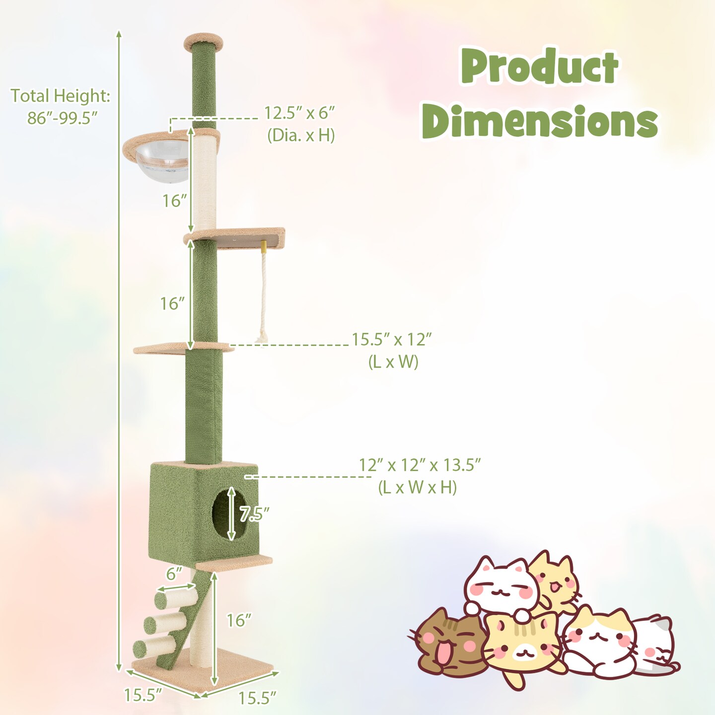 Adjustable Height Floor to Ceiling Cat Tree with 2 Full-Wrapped Sisal Scratching Posts and 3 Step Ladder