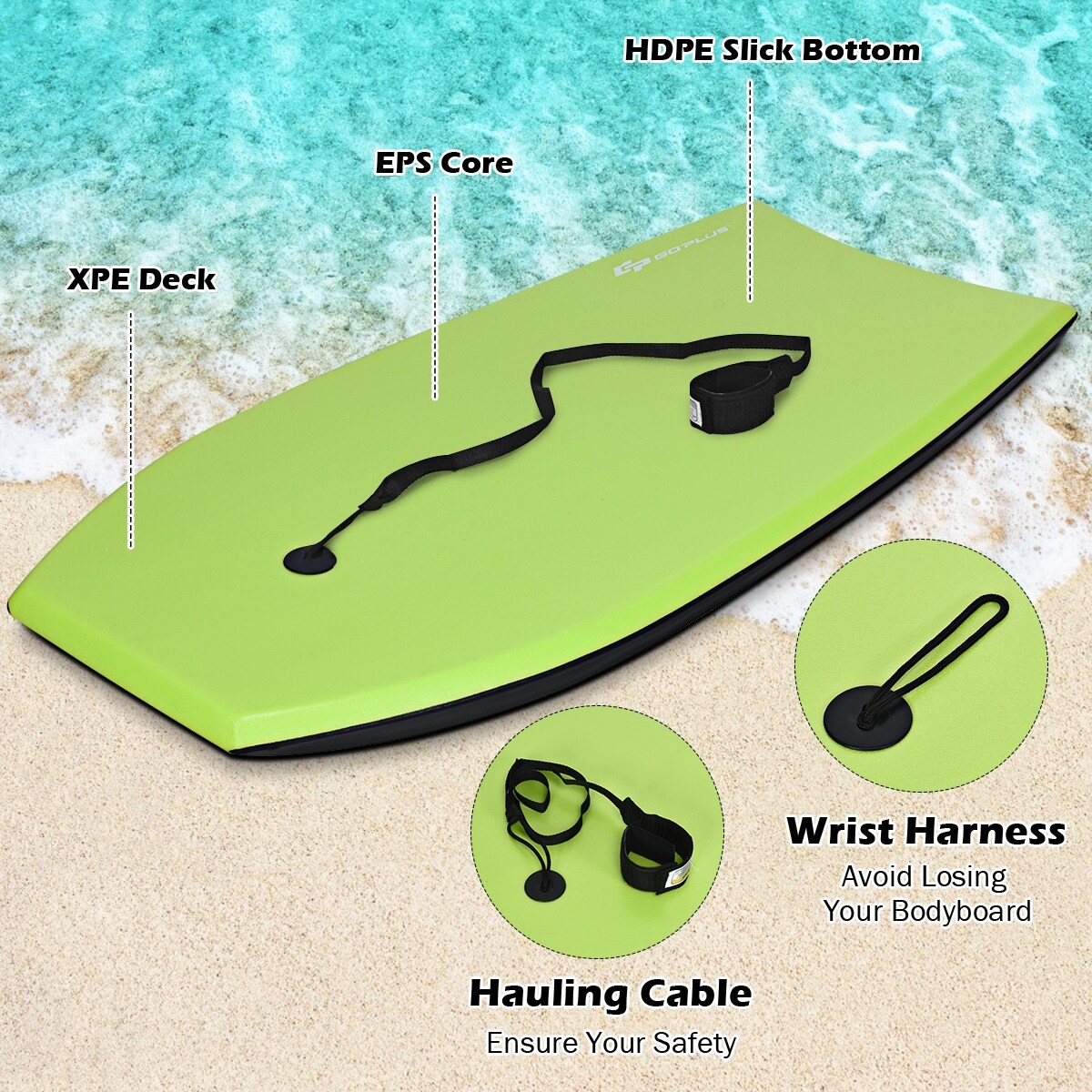 Green Body board XPE EPS HEPE Crescent Tail Leash Adjustable Wrist Rope