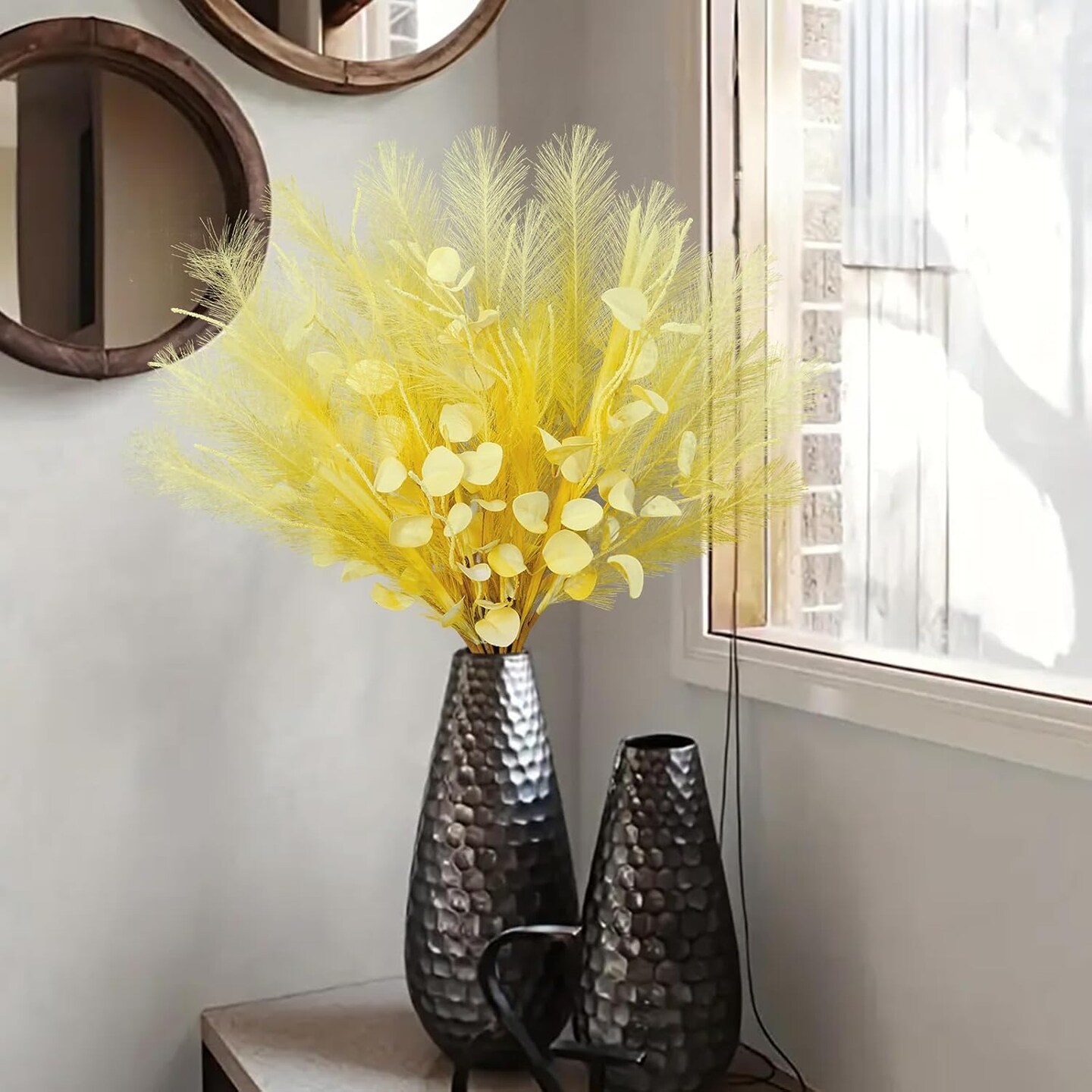 28" Faux Pampas Grass Plume Yellow Faux Fluffy Pampas Grass Bulk Silk Flowers with Eucalyptus Stems Filler for Floral Arrangment